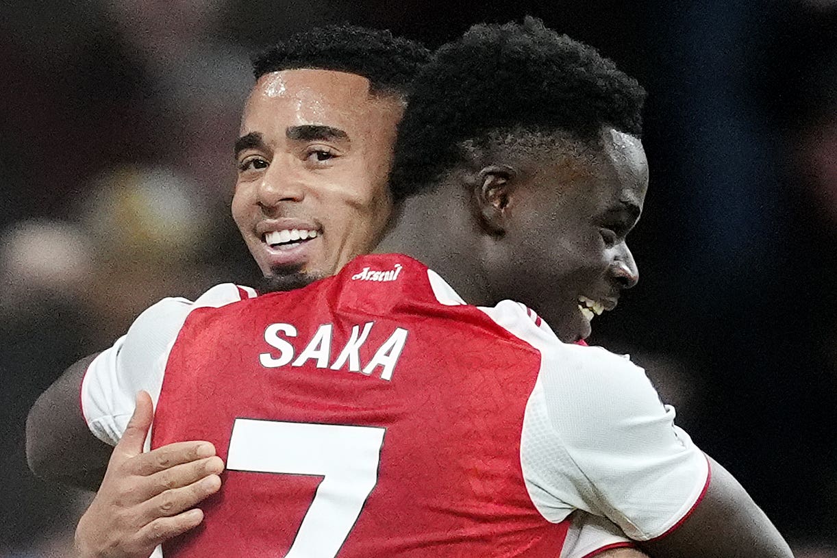Gabriel Jesus (left) celebrates with Bukayo Saka following Arsenal’s late winner (Nick Potts/PA)