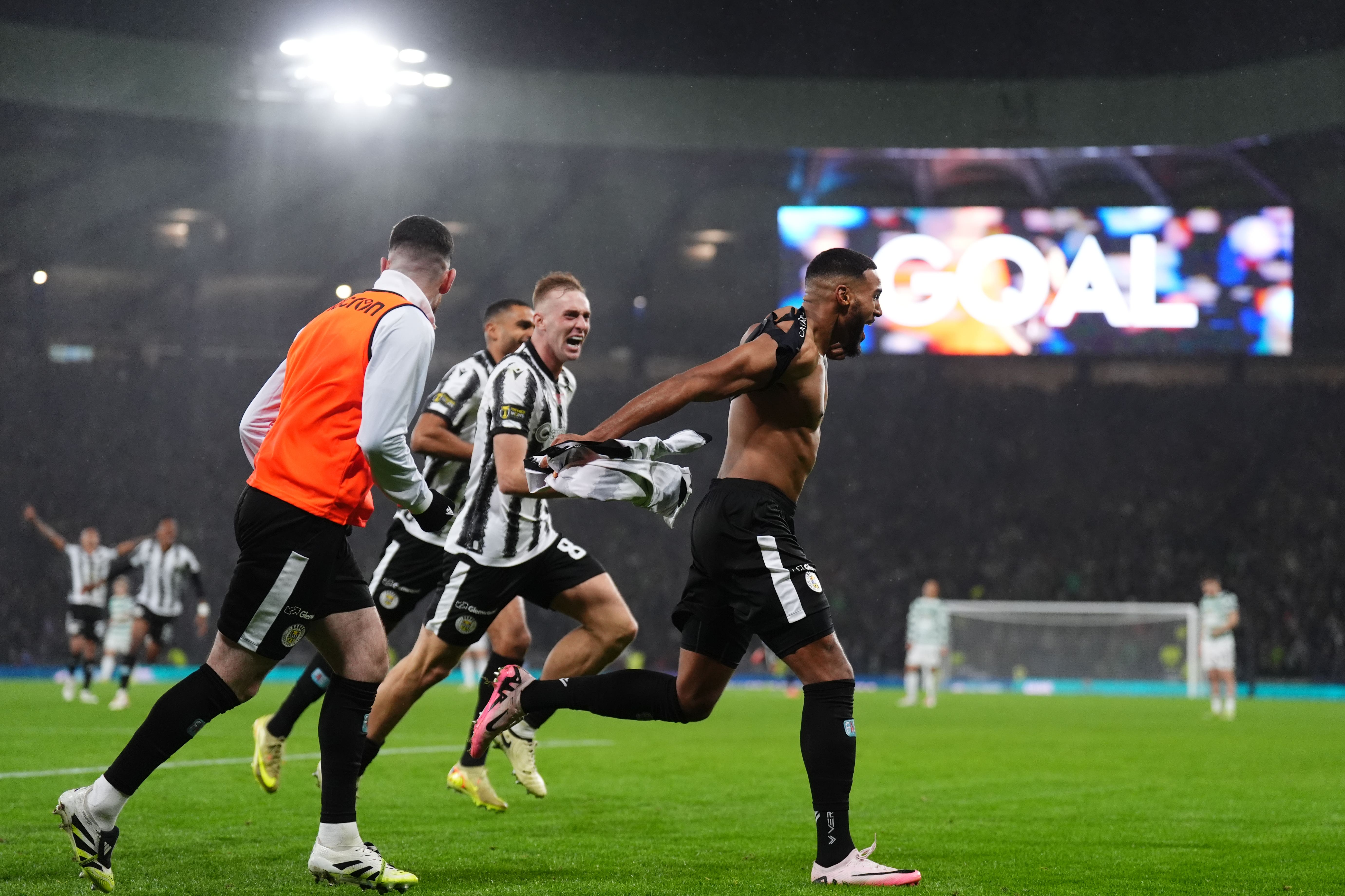 Jonah Ayunga (right) celebrates after scoring his second goal at Hampden
