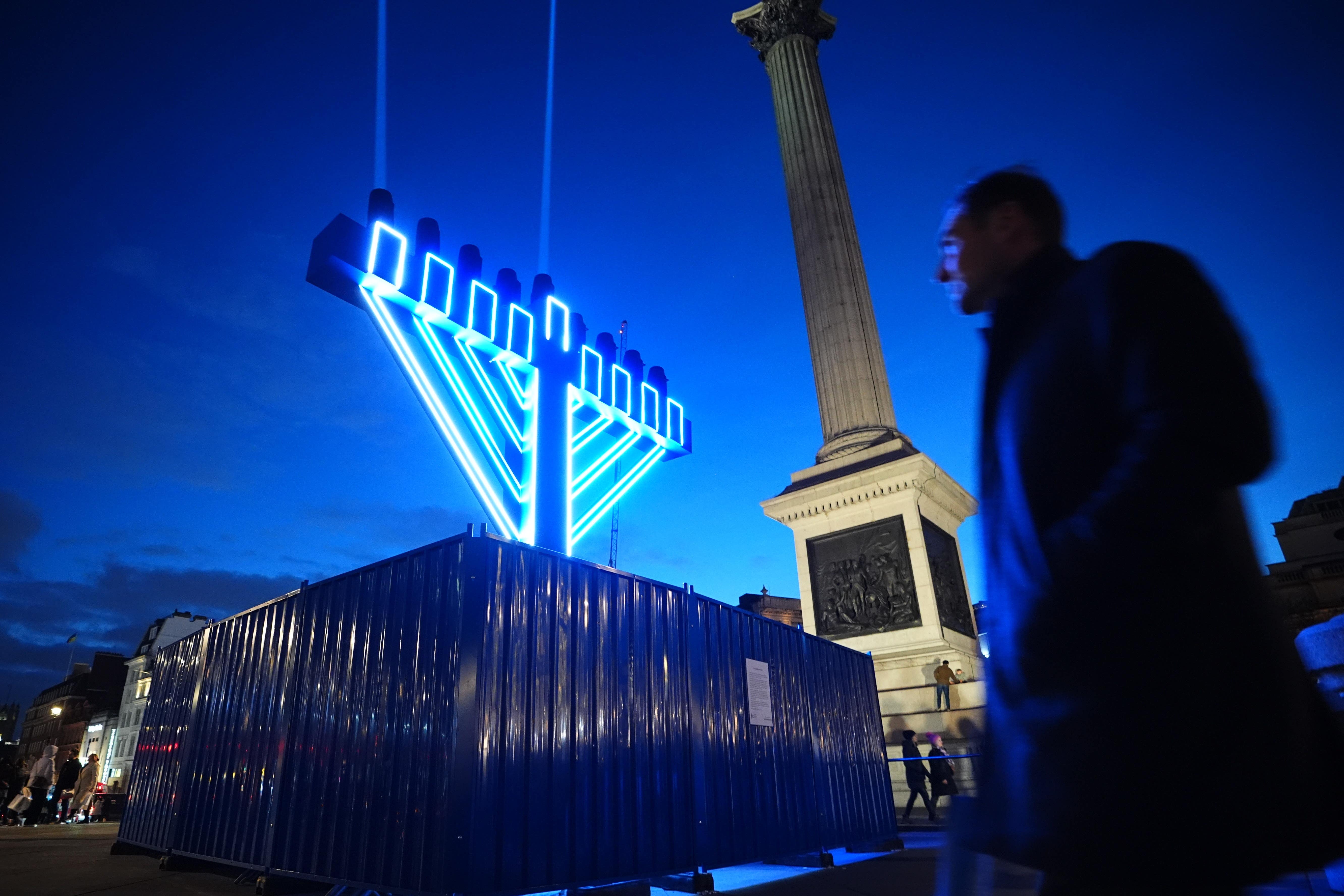 A menorah lit up in Trafalgar Square, central London, to mark the first day of Hanukkah (James Manning/PA)