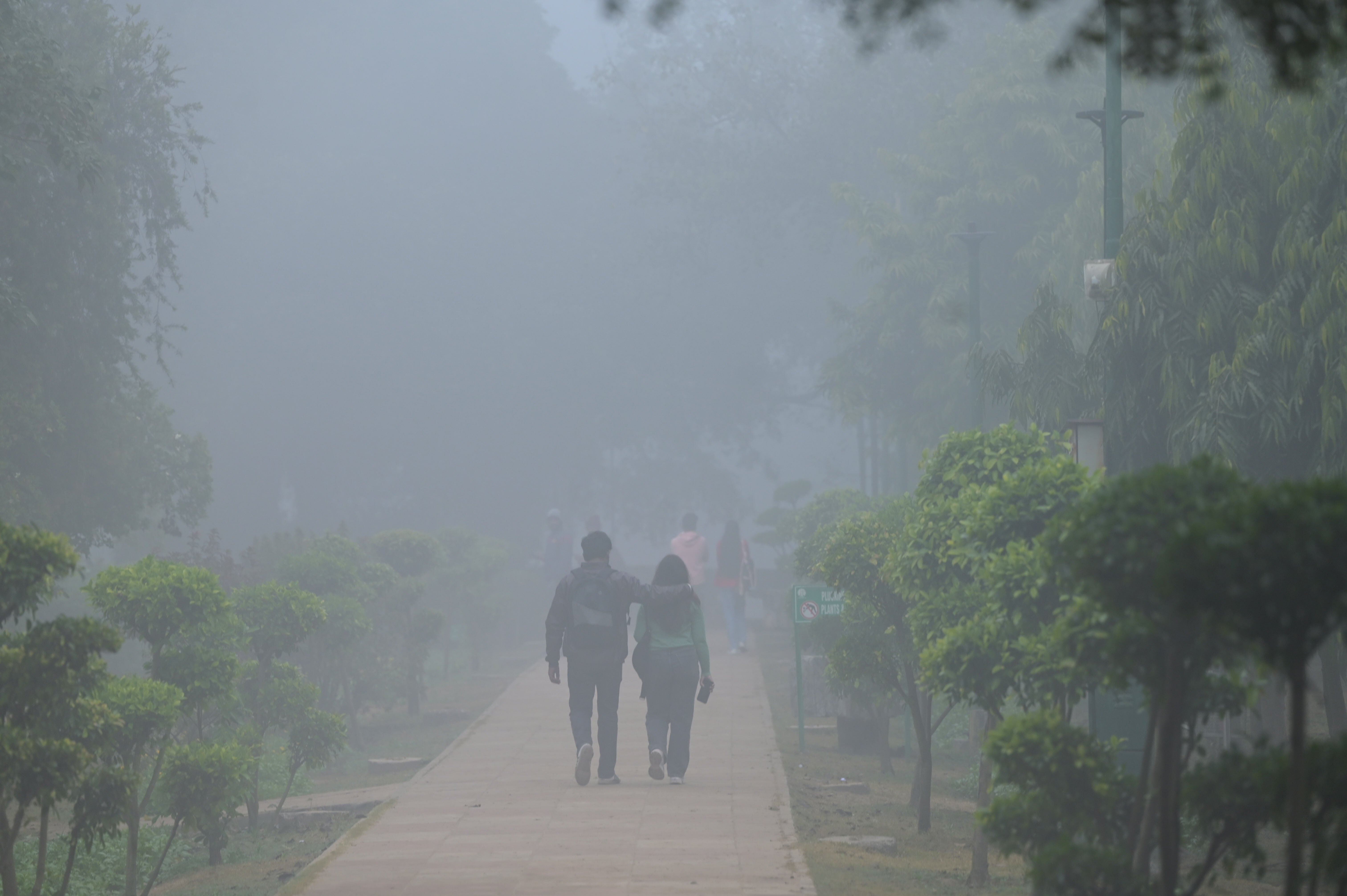 People walk through dense smog in a Delhi park