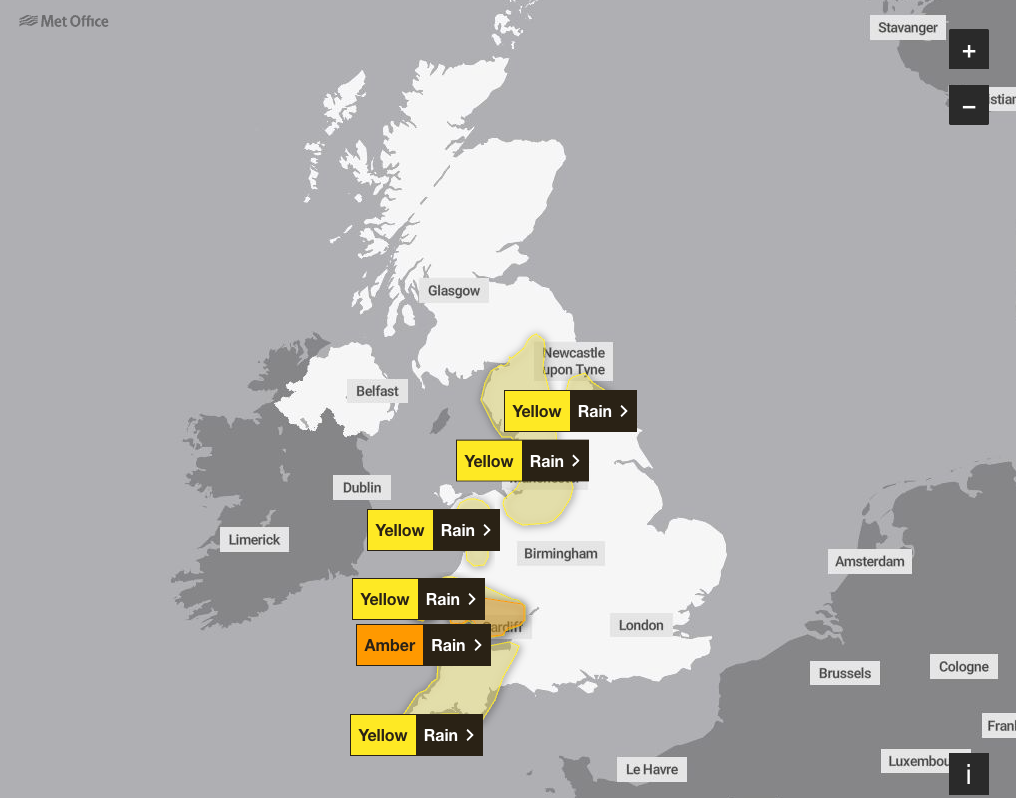 Map shows weather warnings issued by the Met Office for Monday