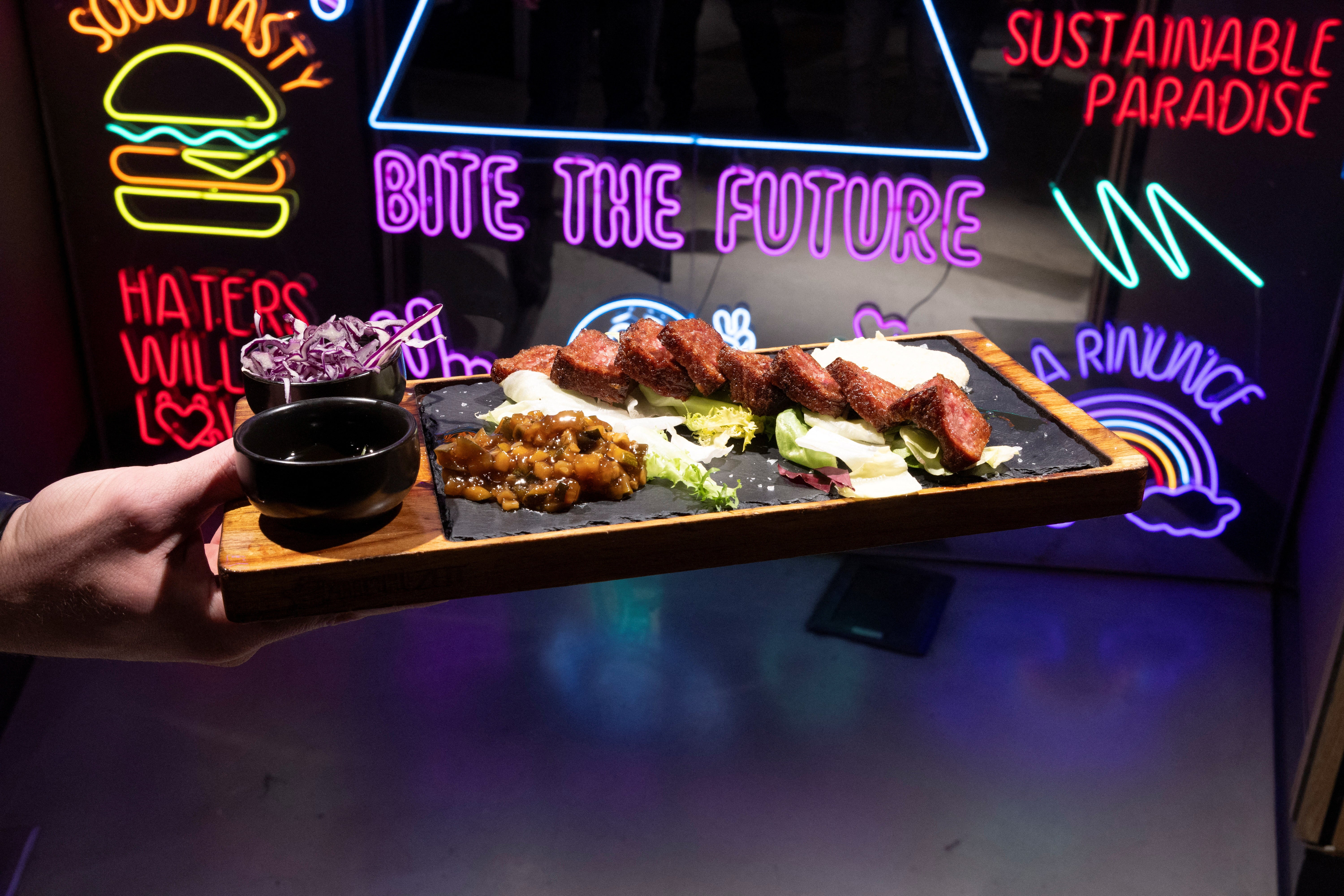 <p>Plant-based 3D-printed sliced meat are served at Impact Food restaurant in Rome</p>