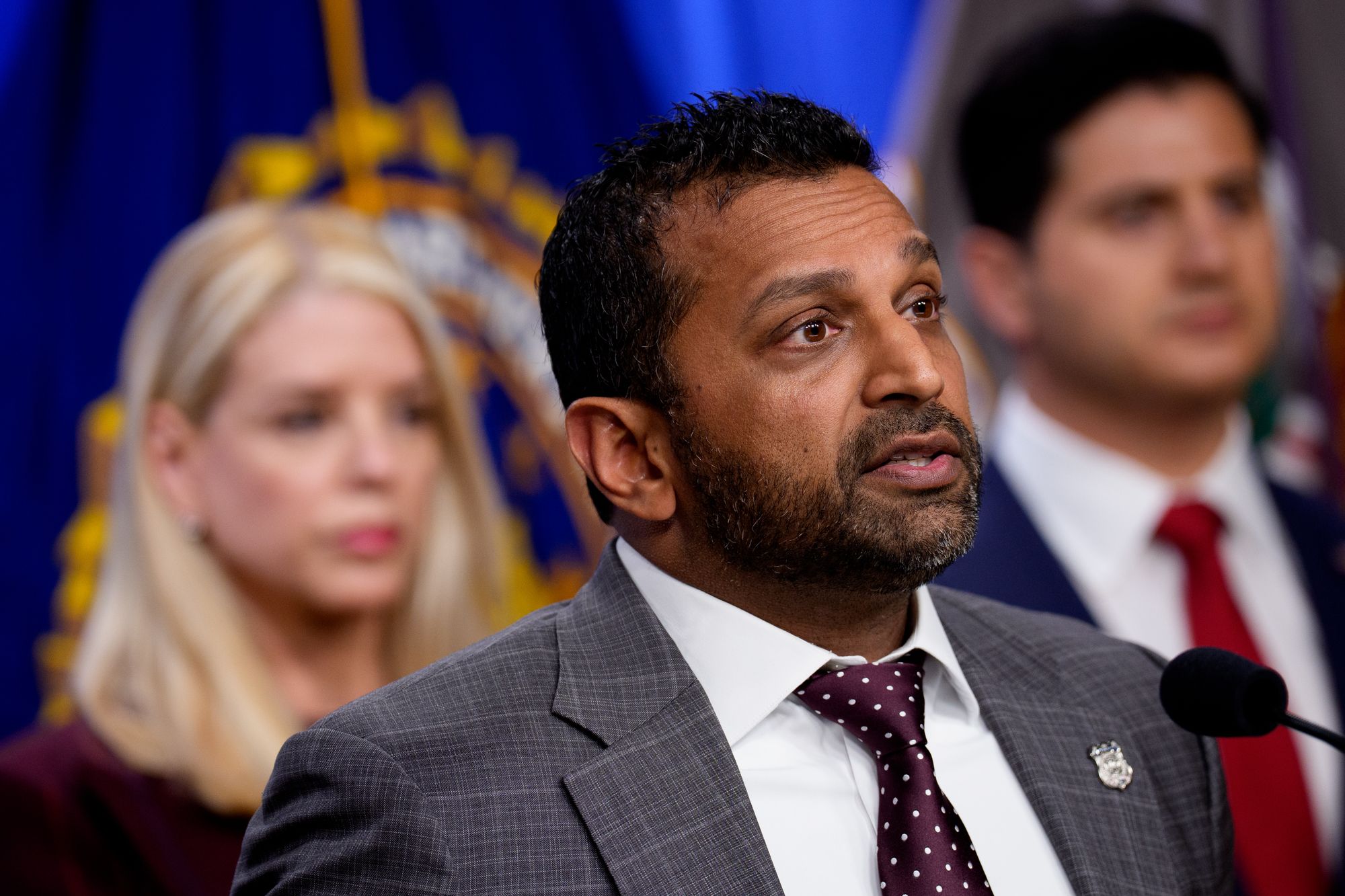 FBI Director Kash Patel, accompanied by Attorney General Pam Bondi, speaks at a news conference on November 19, 2025 in Washington, DC