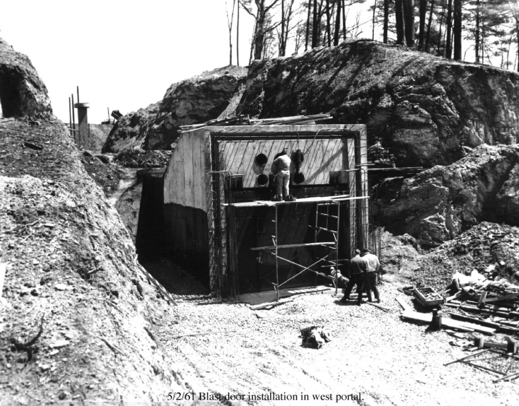 Installation of the blast door at the west portal of the Greenbrier bunker in 1961. The project was finished in 1962, the same year as The Cuban Missile Crisis
