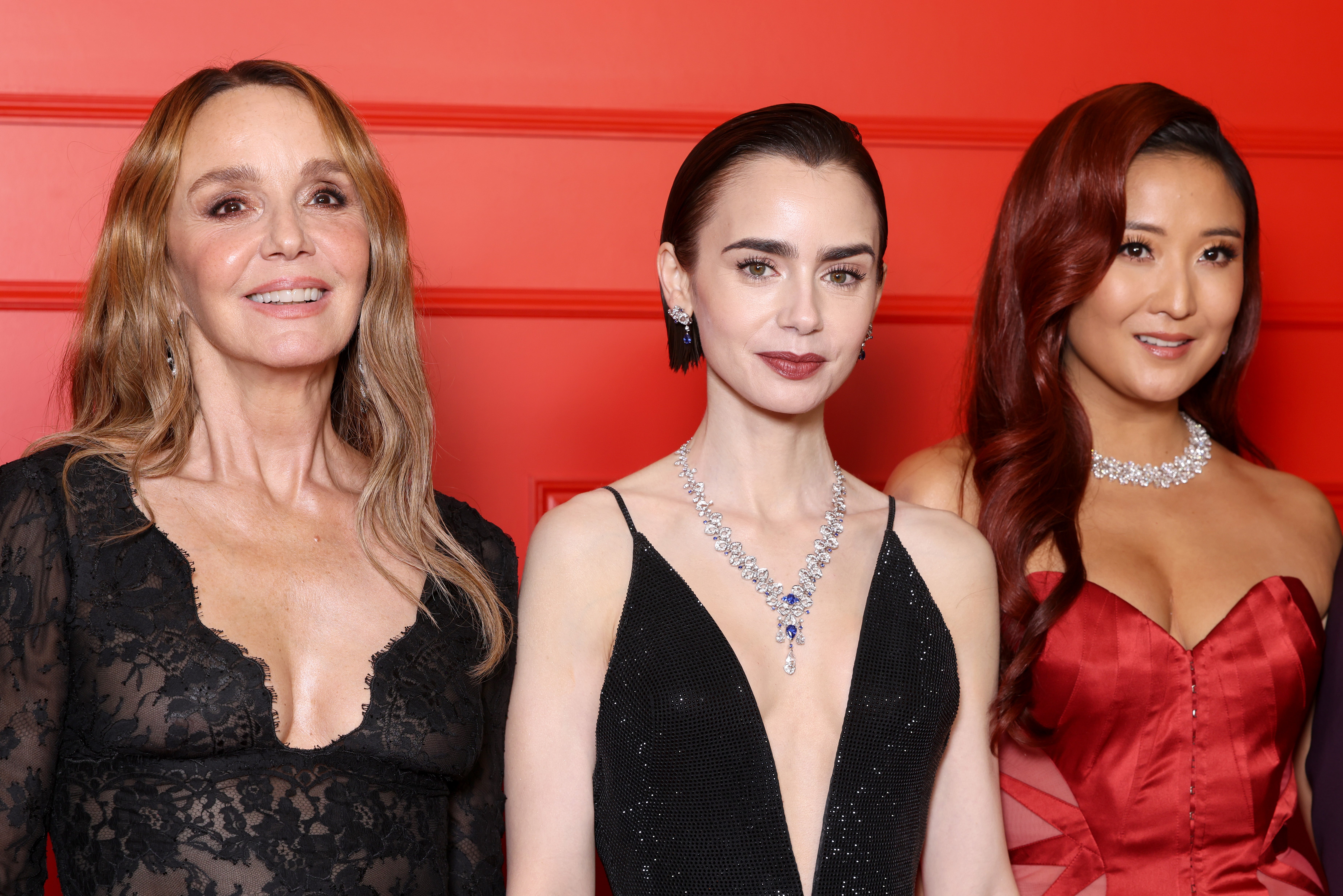 Collins (middle) at the 'Emily in Paris' season five premiere with co-stars Philippine Leroy-Beaulieu (left) and Ashley Park (right)