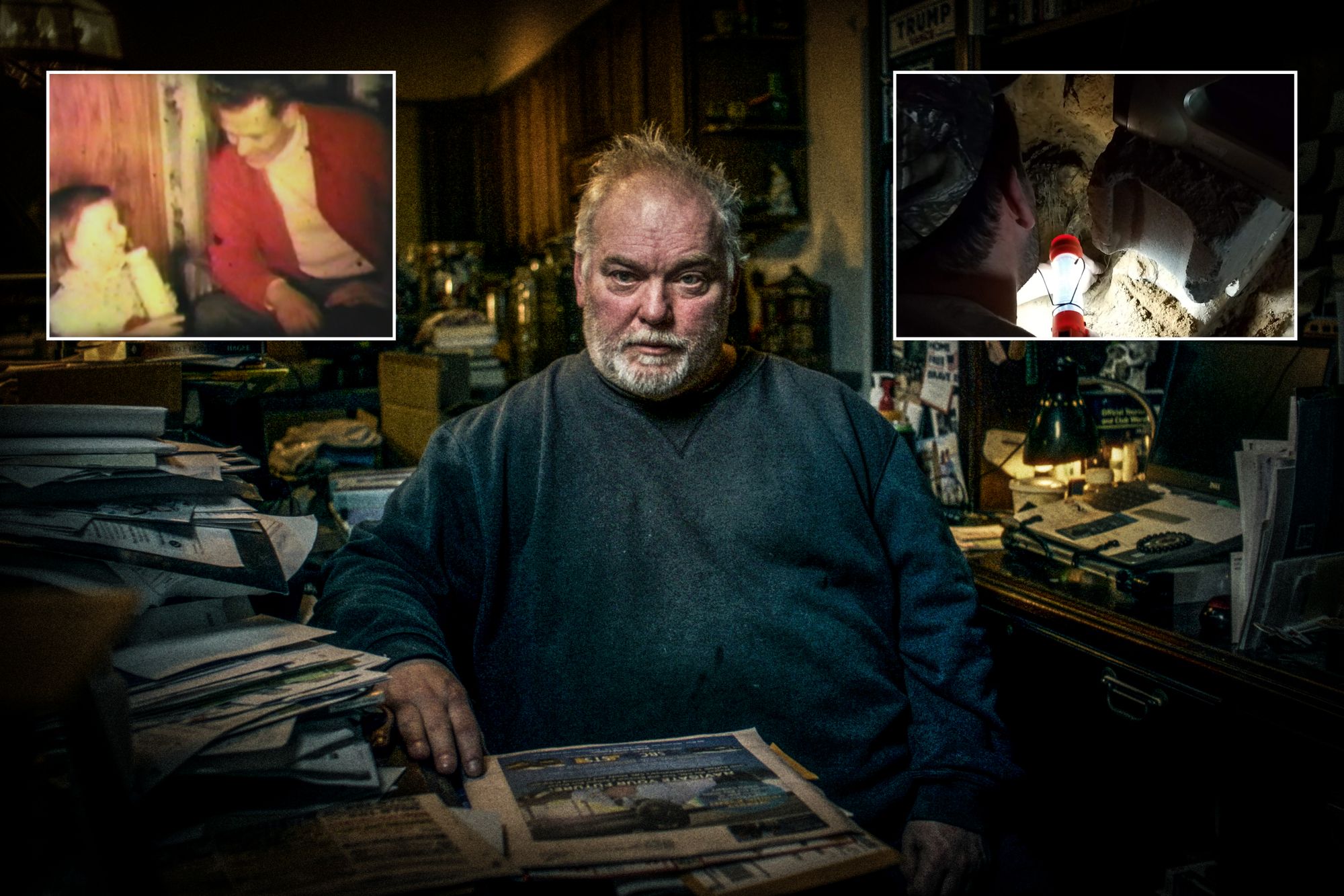<p>Mike Carroll at his home on Long Island. He spent years searching for his father, George (top left) only to make a grim discovery (right)</p>