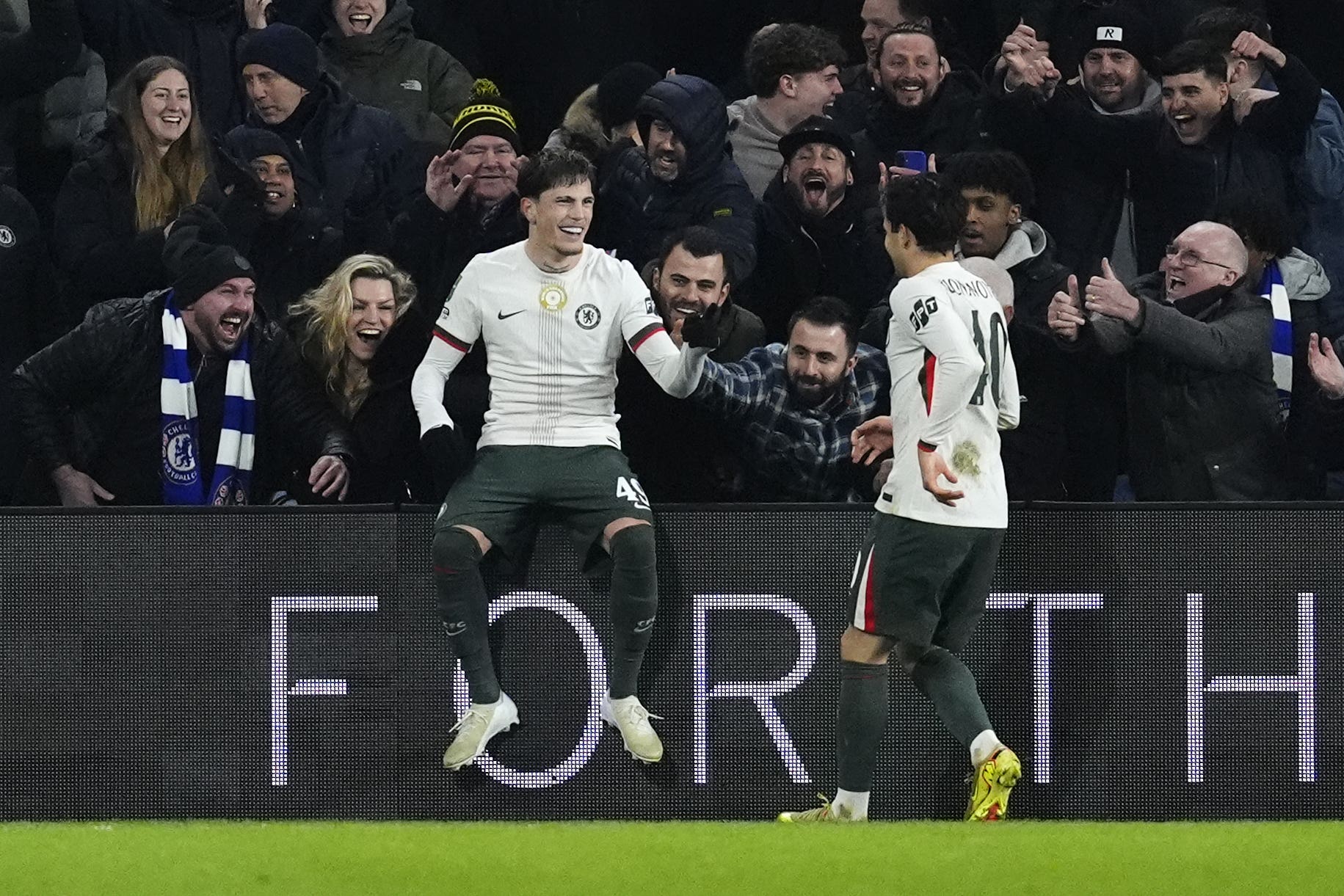 Alejandro Garnacho, left, celebrates scoring Chelsea’s opening goal in their Carabao Cup victory at Cardiff (Nick Potts/PA)