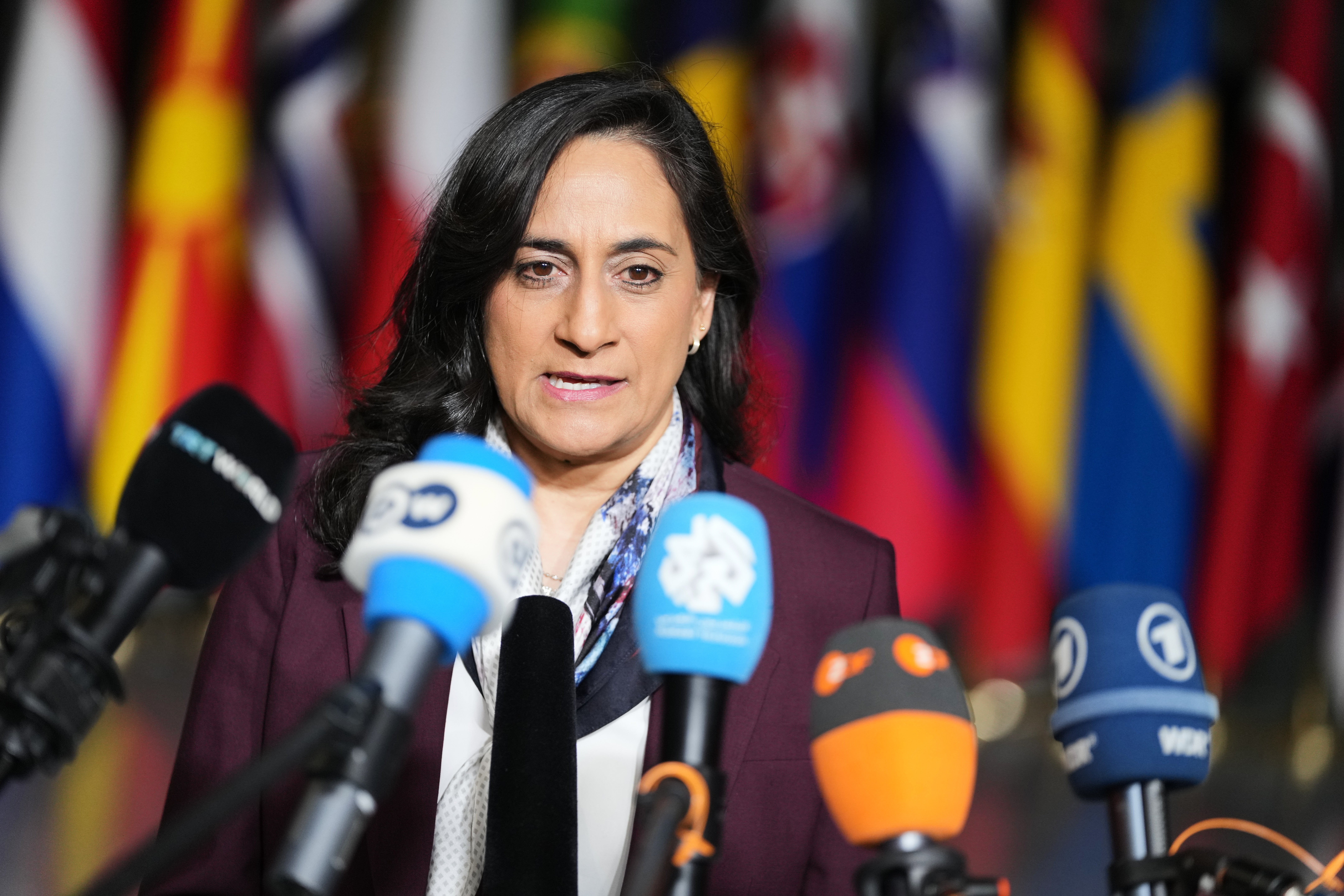 Canada's Foreign Minister Anita Anand speaks with the media as she arrives for a meeting of NATO foreign ministers at NATO headquarters, in Brussels, Dec. 3, 2025. (AP Photo/Virginia Mayo, File)