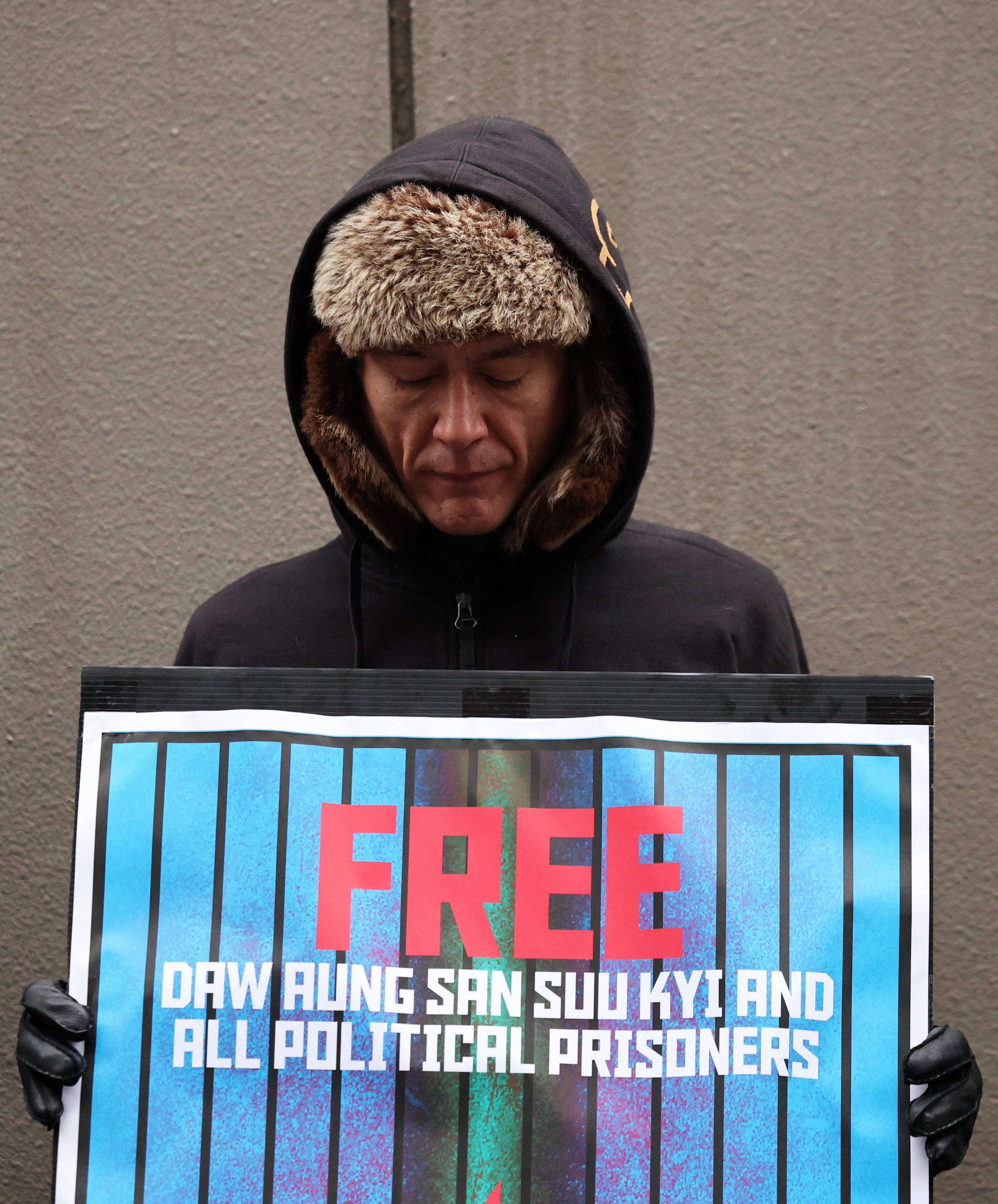 Kim Aris, the son of Myanmar’s detained former leader Aung San Suu Kyi, takes part in a protest rally outside the country’s embassy in Tokyo