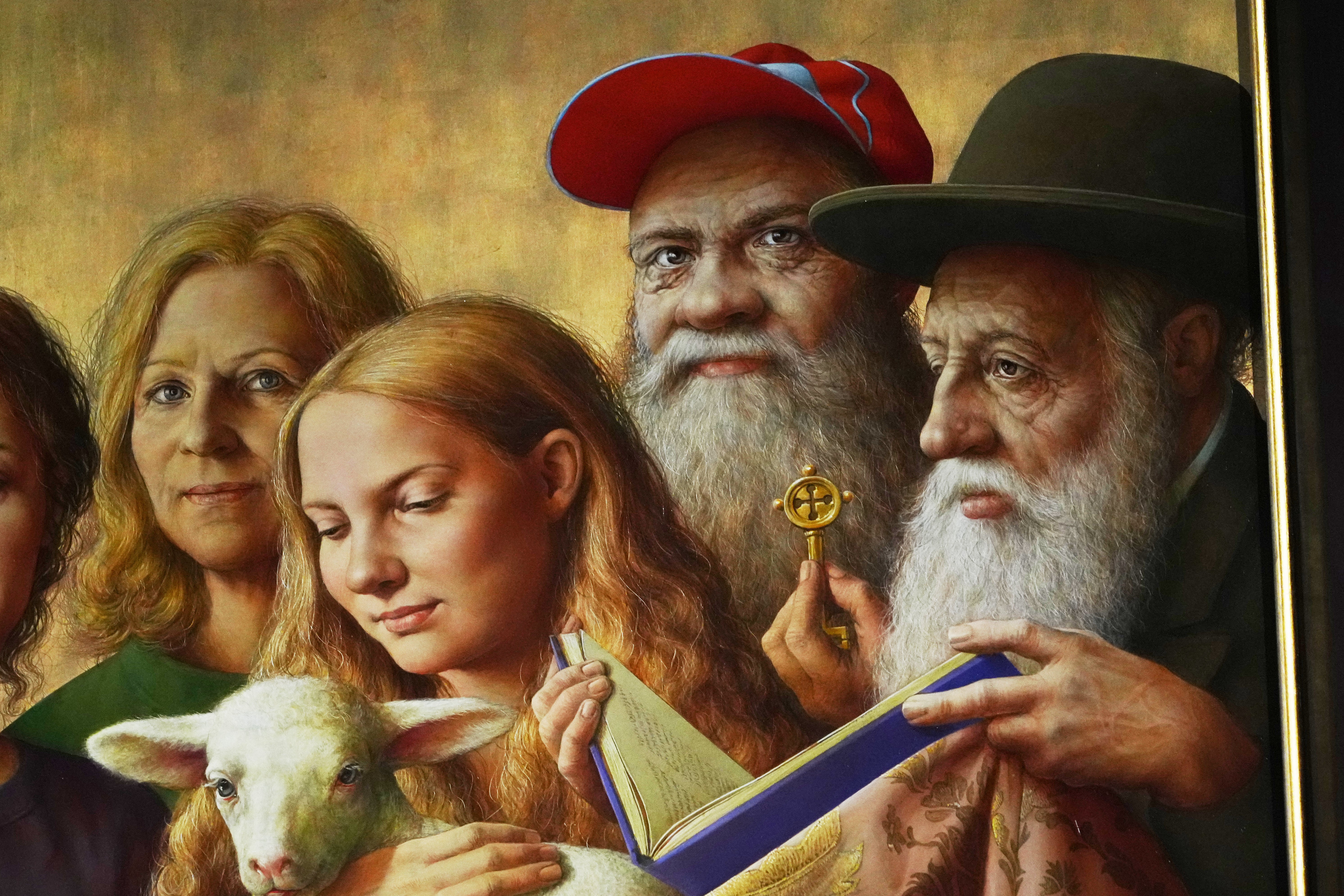 <p>Burkhard Scheffler, second from right, is portrayed as St. Peter in a painting by German artist Michael Triegel</p>