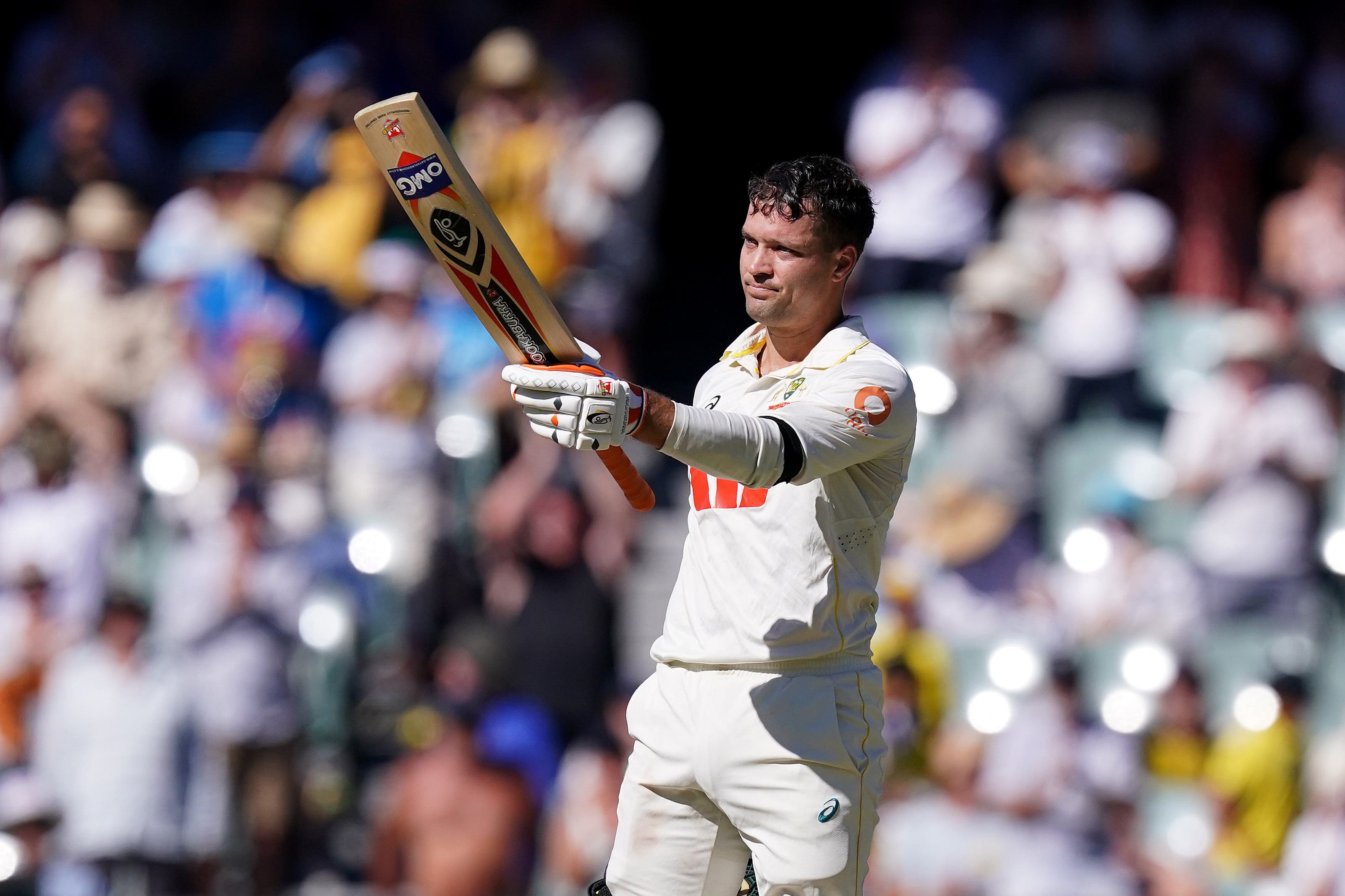 Australia’s Alex Carey celebrates reaching his century on day one of the third Ashes Test in Adelaide (Robbie Stephenson/PA).