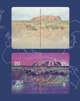 Rock solid: Pages from an Australian passport showing a night view of Uluru under ultra-violet light