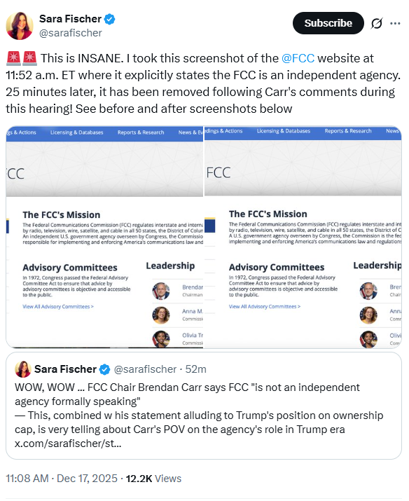 Axios' Sara Fischer captured screenshots showing that the FCC had edited out that the agency was independent during Brendan Carr's testimony.