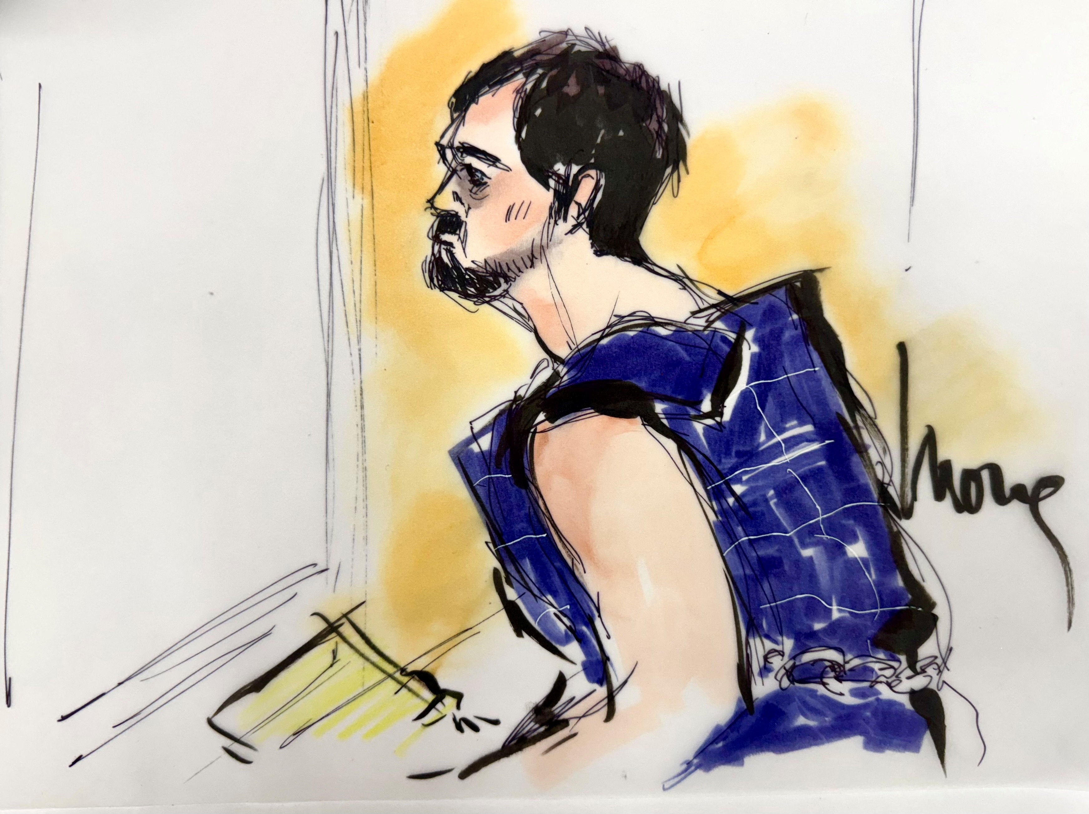 <p>Nick Reiner, shown in a court room sketch, makes his first court appearance on December 17 on murder charges for the alleged killing of his parents Rob and Michele Weiner</p>