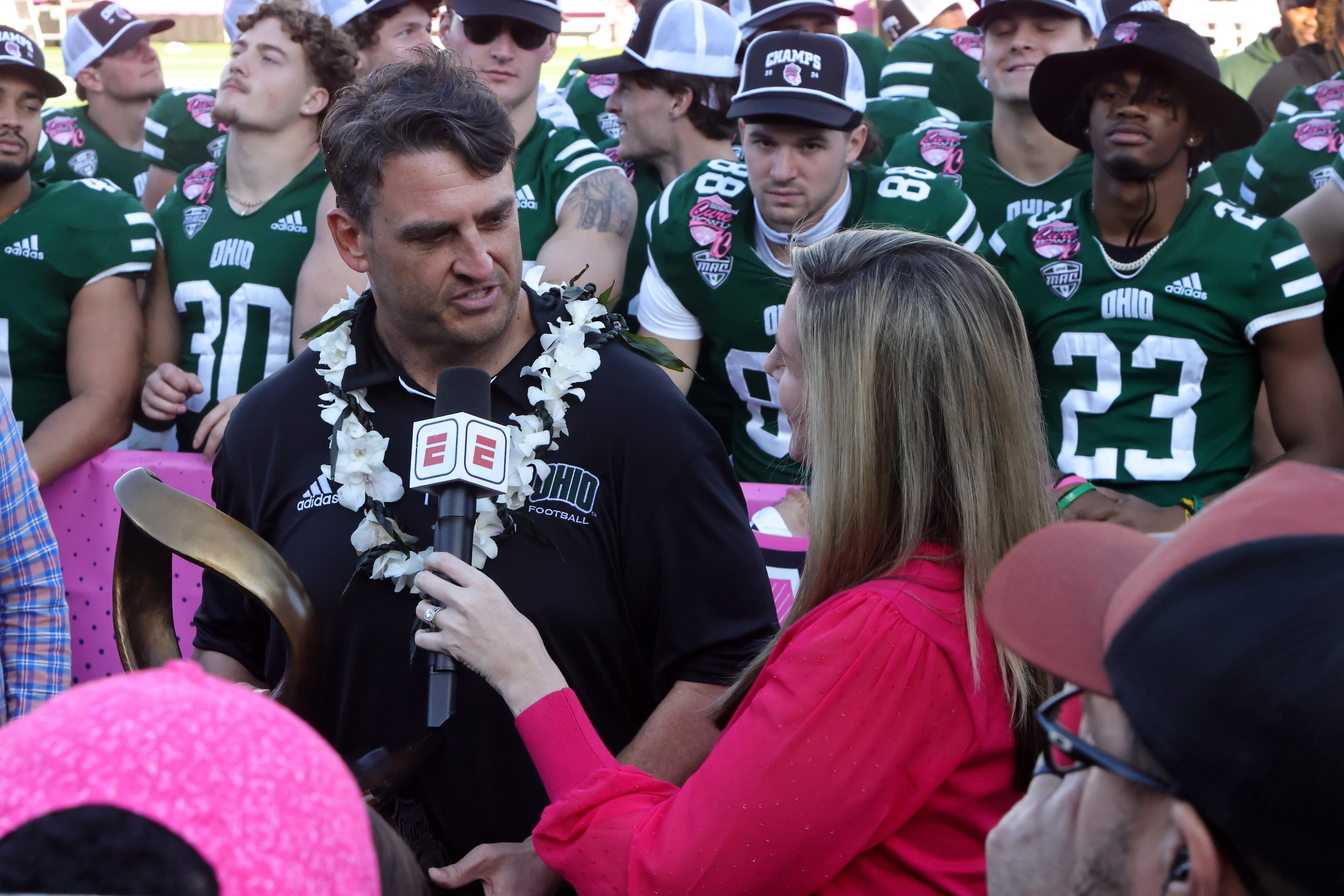 Coach Brian Smith of the Ohio Bobcats is interviewed after winning the 2024 StaffDNA Cure Bowl game between Jacksonville State Gamecocks and Ohio Bobcats at Camping World Stadium on December 20, 2024 in Orlando, Florida
