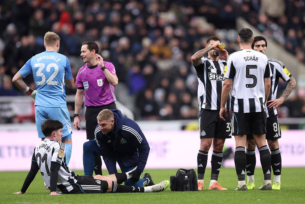 Tino Livramento receiving treatment on a fresh injury