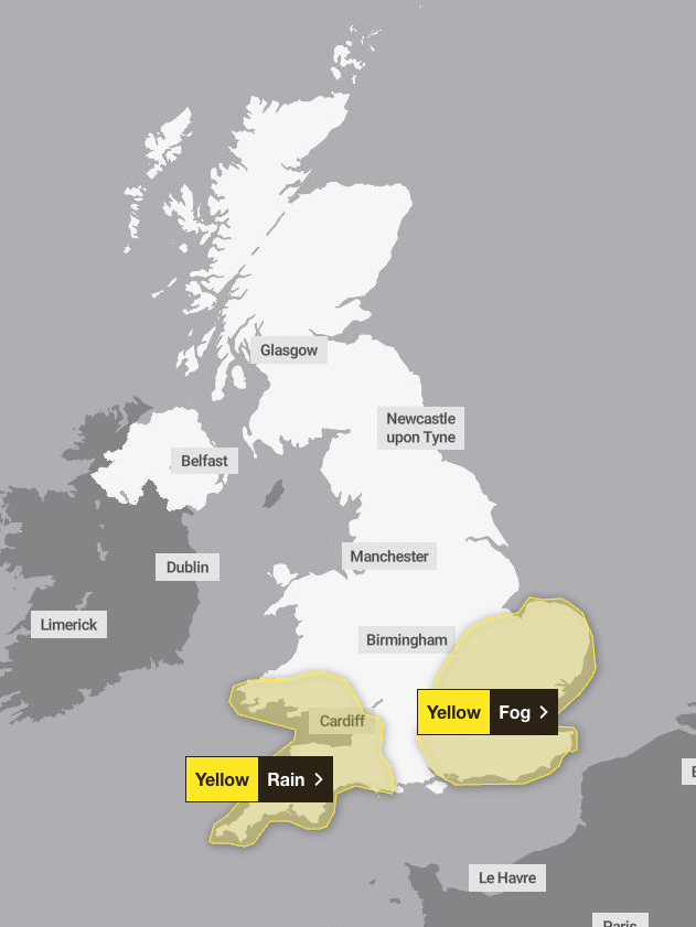 Yellow weather warnings for fog and rain are in place for parts of the UK on Wednesday