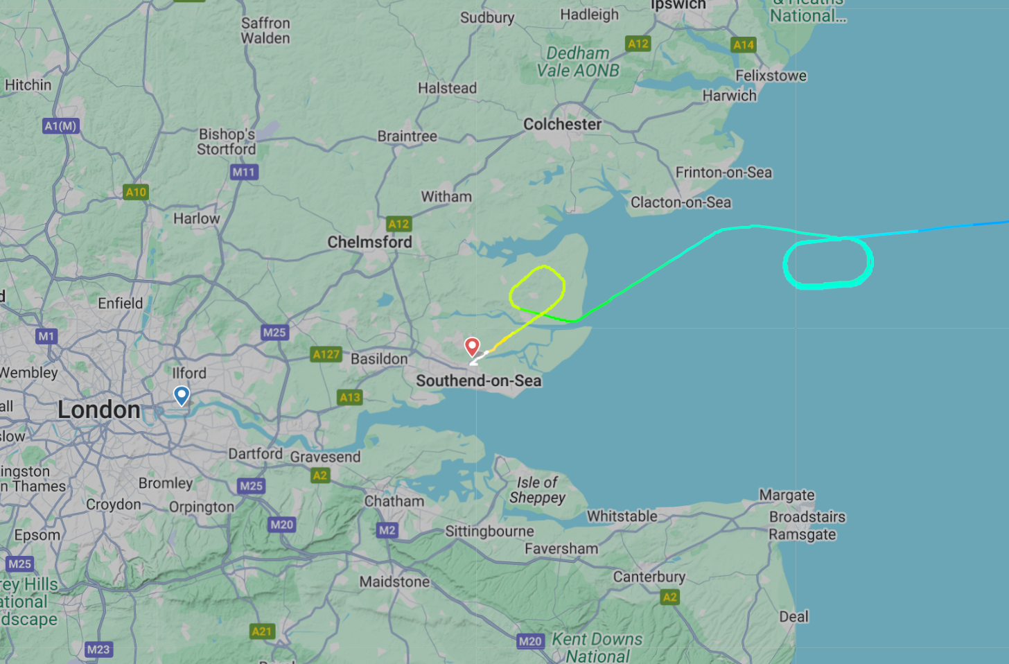 <p>Diversionary tactics: Flightpath of KLM977 from Amsterdam to London City airport, which diverted to Southend</p>