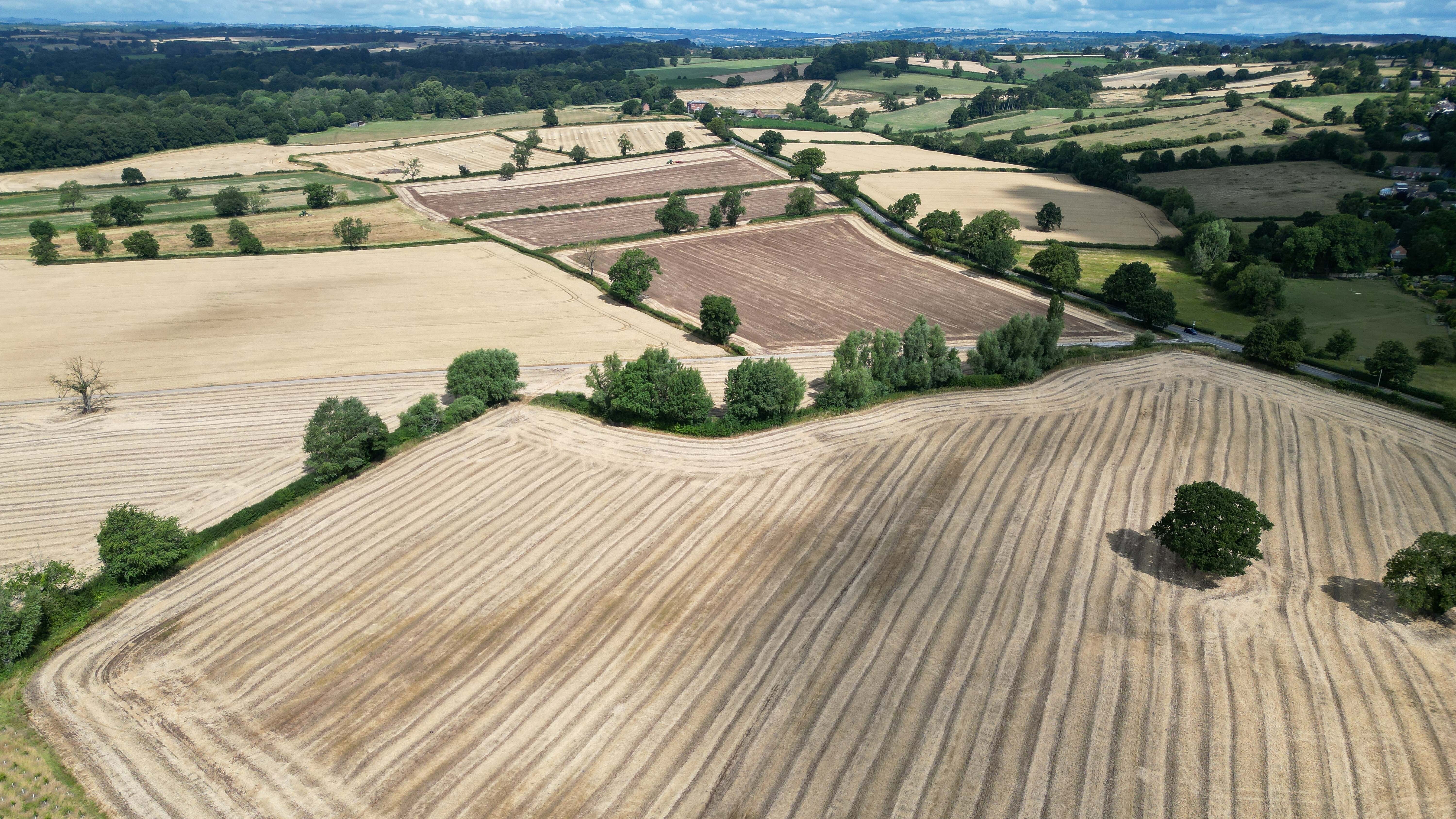 Aerial view of dry fields and countryside in Derbyshire