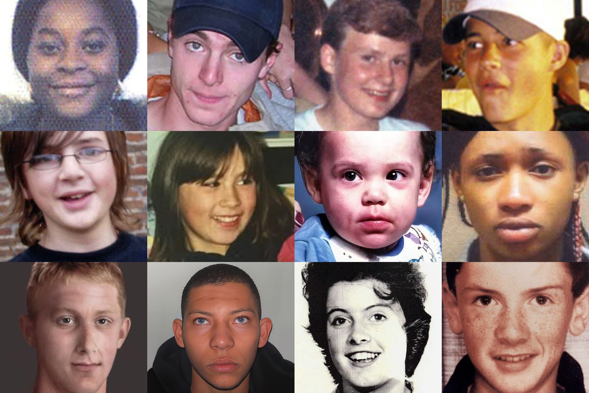 <p>The people who went missing as children and still have not been found this Christmas. From left, top: Vera Osagiede, Luke Durbin, Lee Boxell, Jerome Thomas. Middle: Andrew Gosden, Carmel Fenech, Katrice Lee, Kadia Diane. Bottom: Jordan Ratcliffe, Alexander Sloley, Mary Flanagan and Mark Garvey</p>
