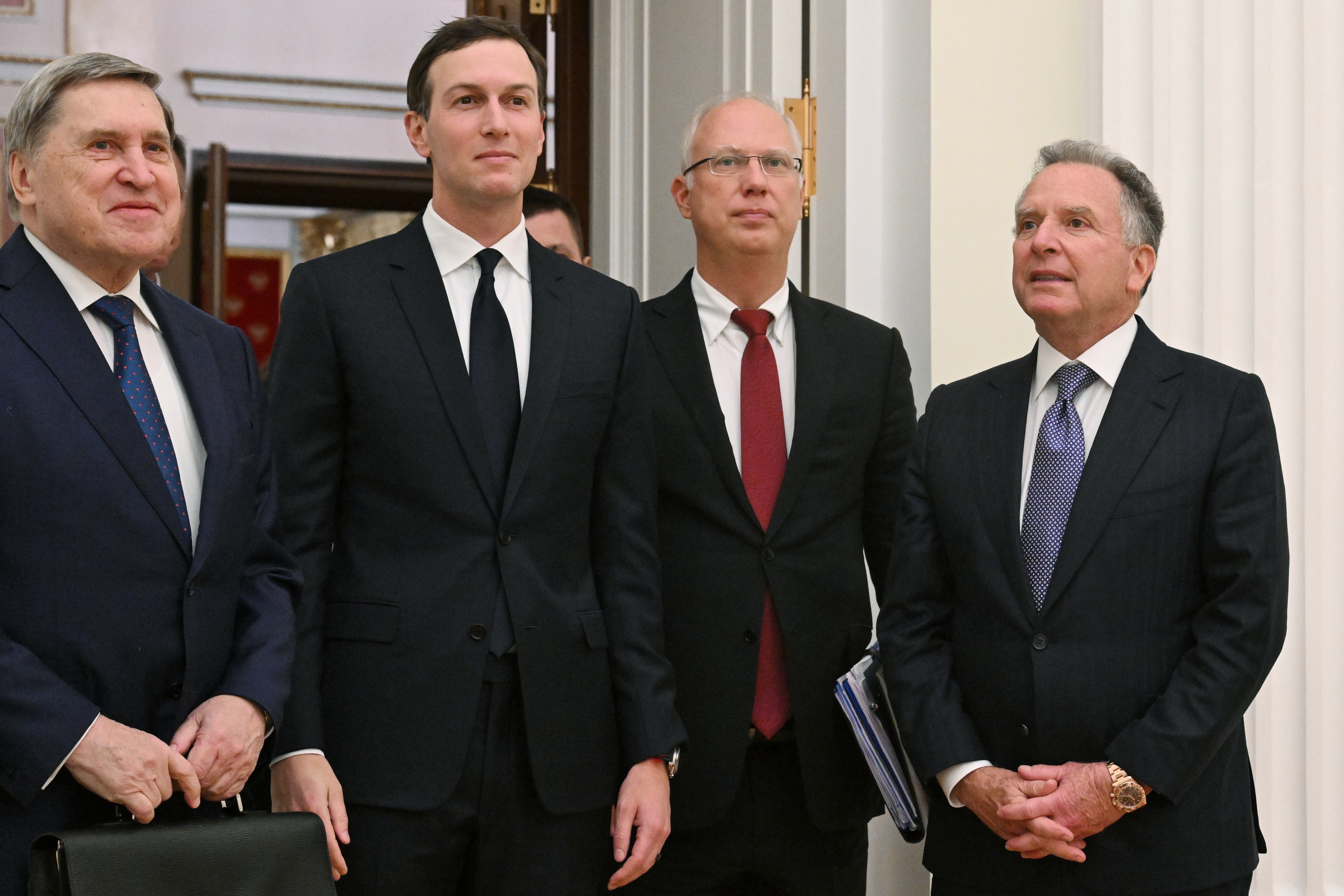 Russian and US officials met earlier this month (from left): Kremlin foreign policy aide Yuri Ushakov, Trump’s son-in-law Jared Kushner, Putin envoy Kirill Dmitriev, and Trump envoy Steve Witkoff