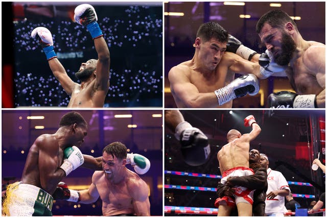 <p>Clockwise from top-left: Terence Crawford; Dmitry Bivol and Artur Beterbiev, Chris Eubank Sr and Jr; Callum Smith and Joshua Buatsi</p>