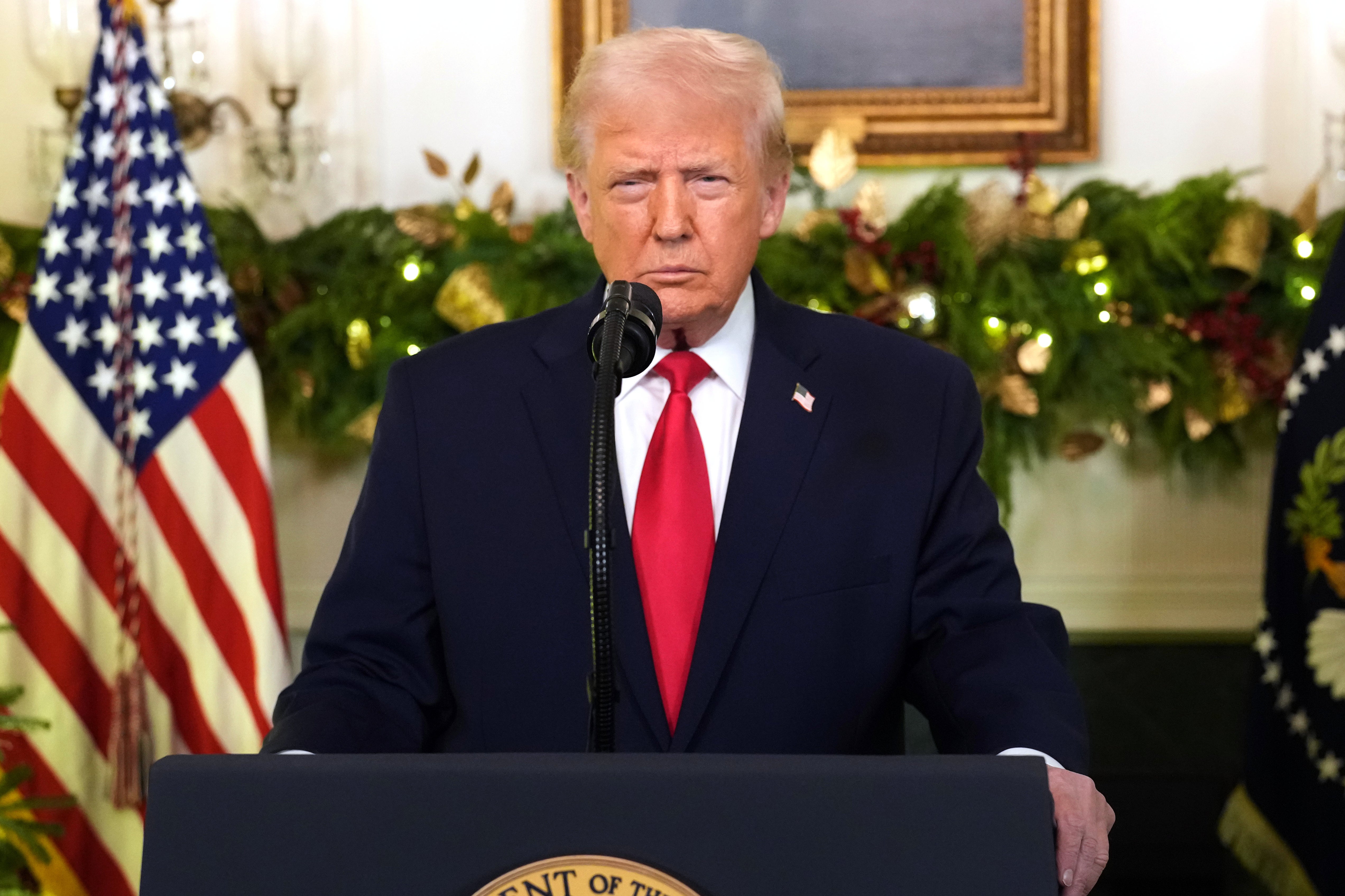 President Donald Trump speaks during an address to the nation from the Diplomatic Reception Room at the White House, Wednesday, Dec. 17, 2025, in Washington