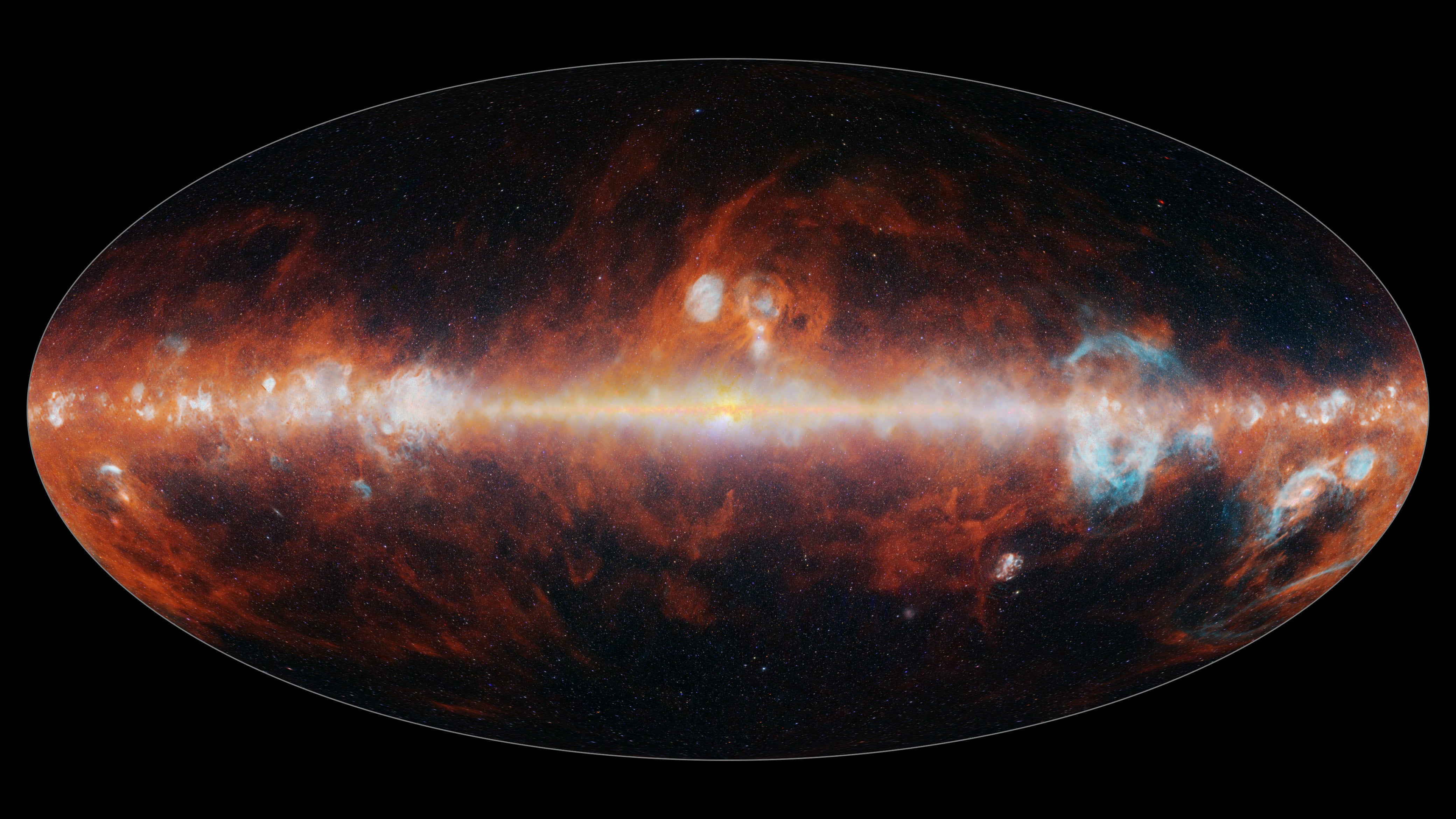 NASA's SPHEREx mapped the entire sky in 102 infrared colors to reveal the different features of the cosmos. Blue stars and hydrogen gas, green and white stars and red cosmic dust are seen in this panoramic view.