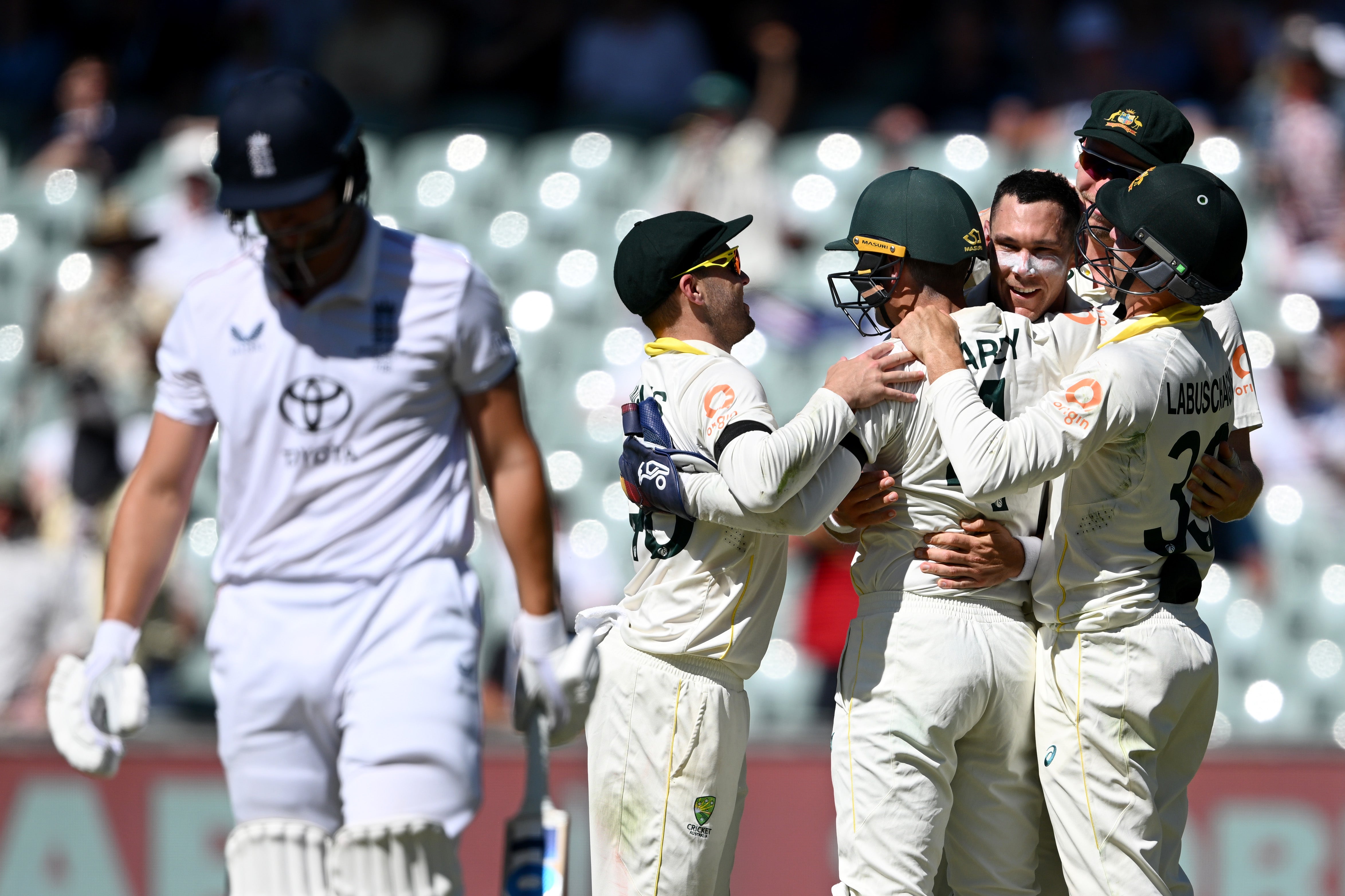 Scott Boland of Australia celebrates with teammates after dismissing Will Jacks during day two of the third Test