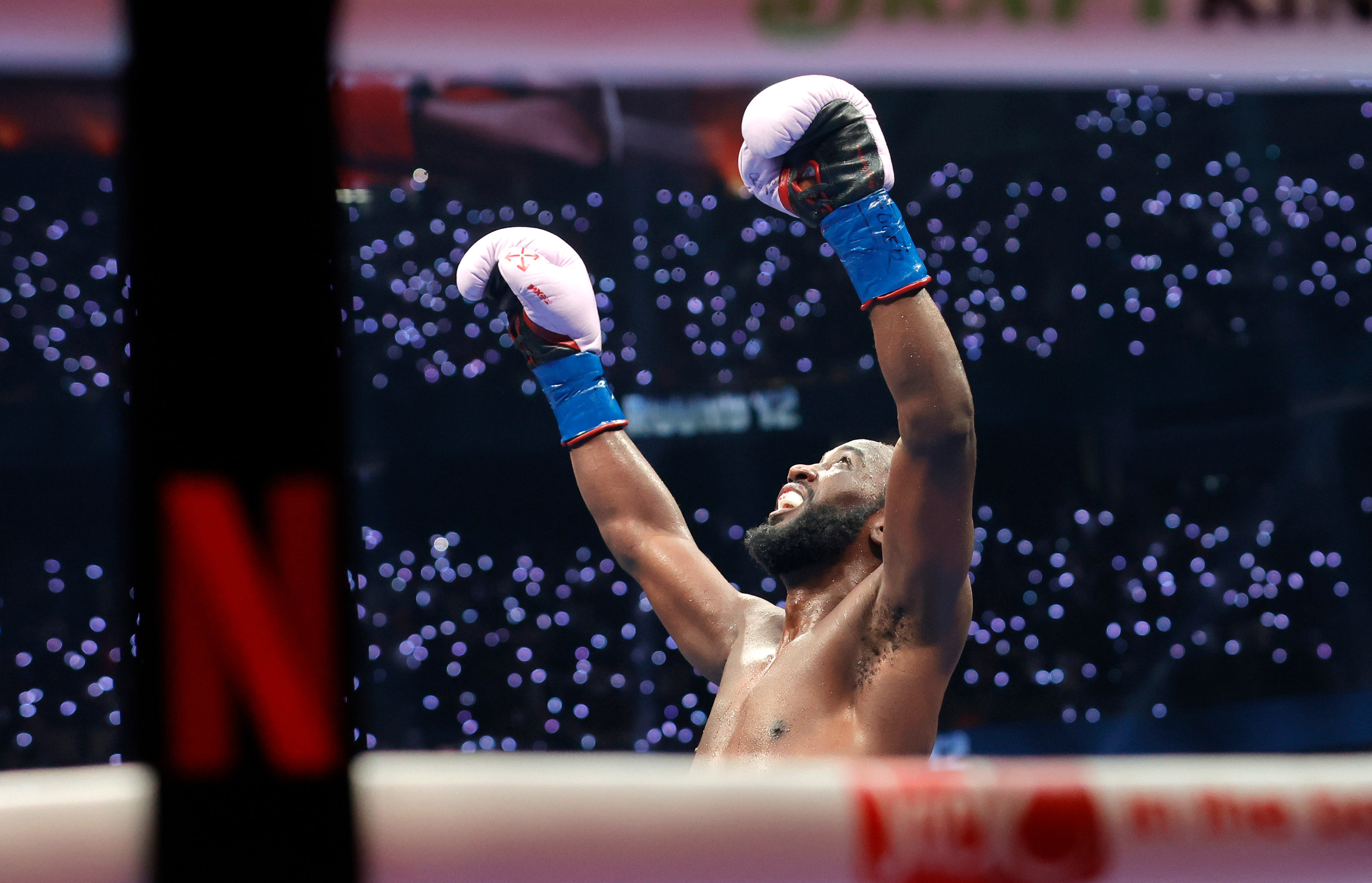 <p>Terence Crawford reacts after the final bell against Canelo Alvarez</p>