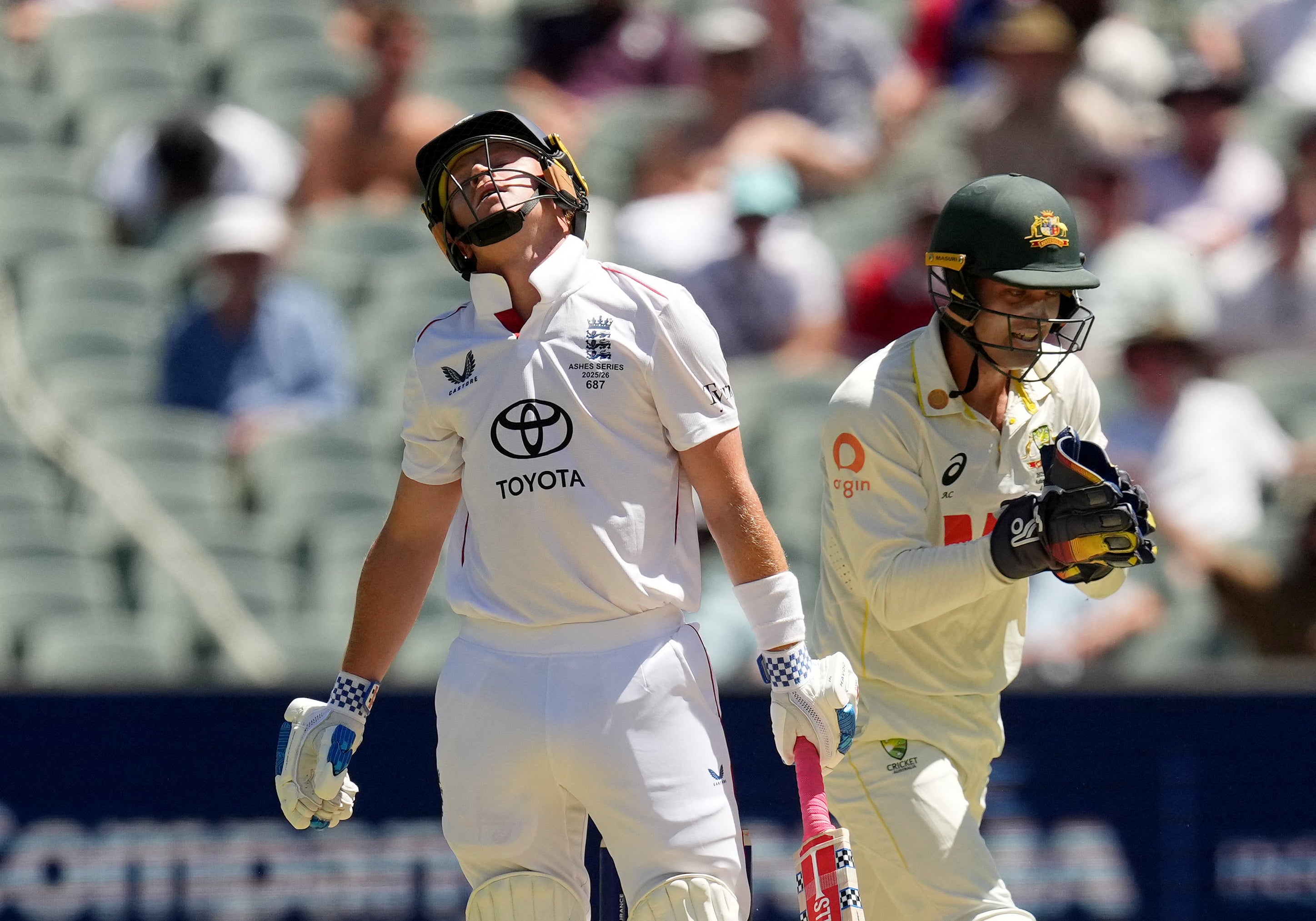 Ollie Pope reacts after losing his wicket on day two in Adelaide