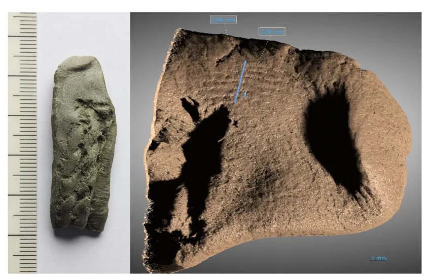 Caulking fragments showing fingerprint on the left and high-resolution x-ray tomography scan of fingerprint region on the right