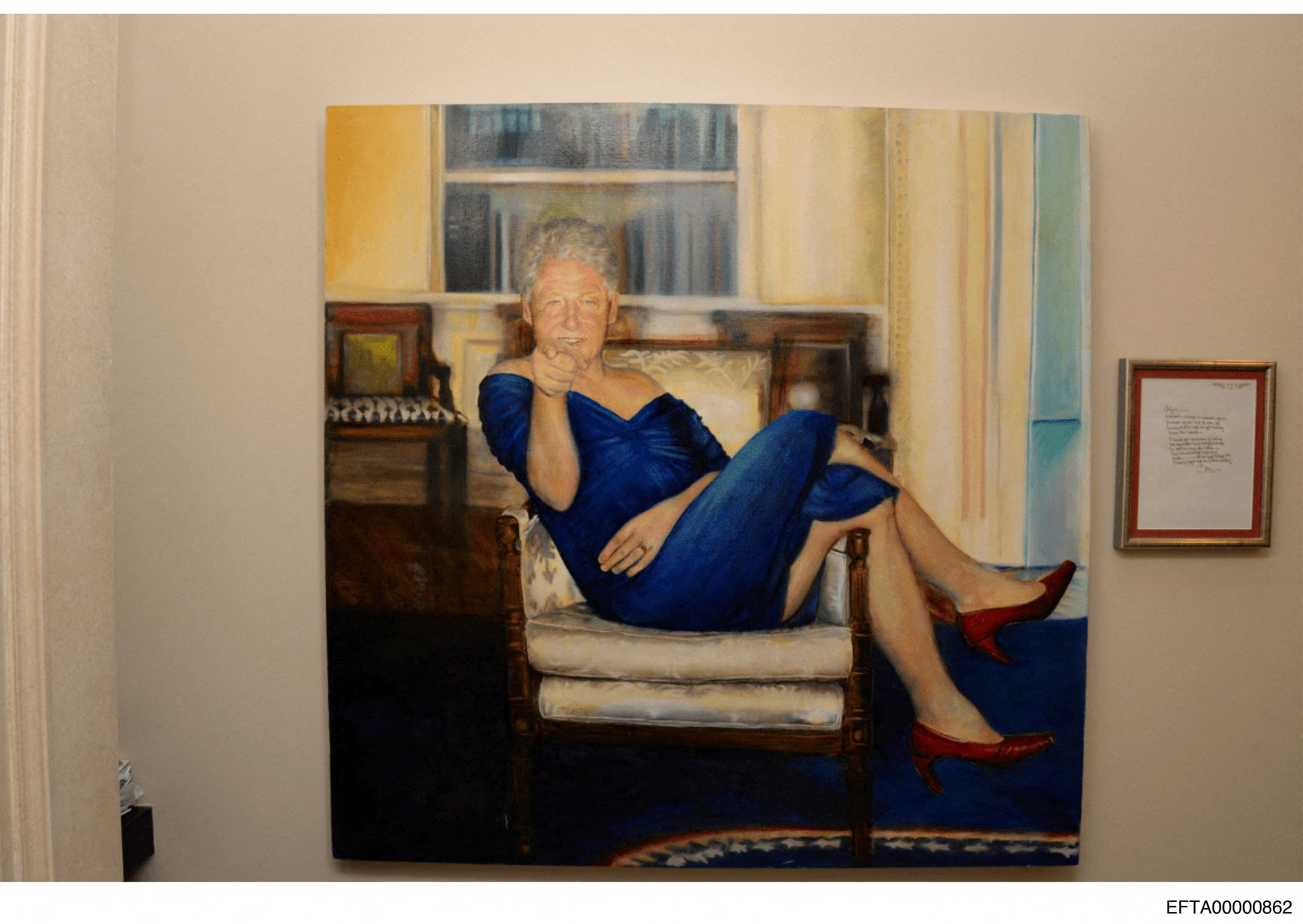 A satirical portrait of Clinton in a blue dress was hanging in Epstein’s New York apartment, according to photos taken by law enforcement
