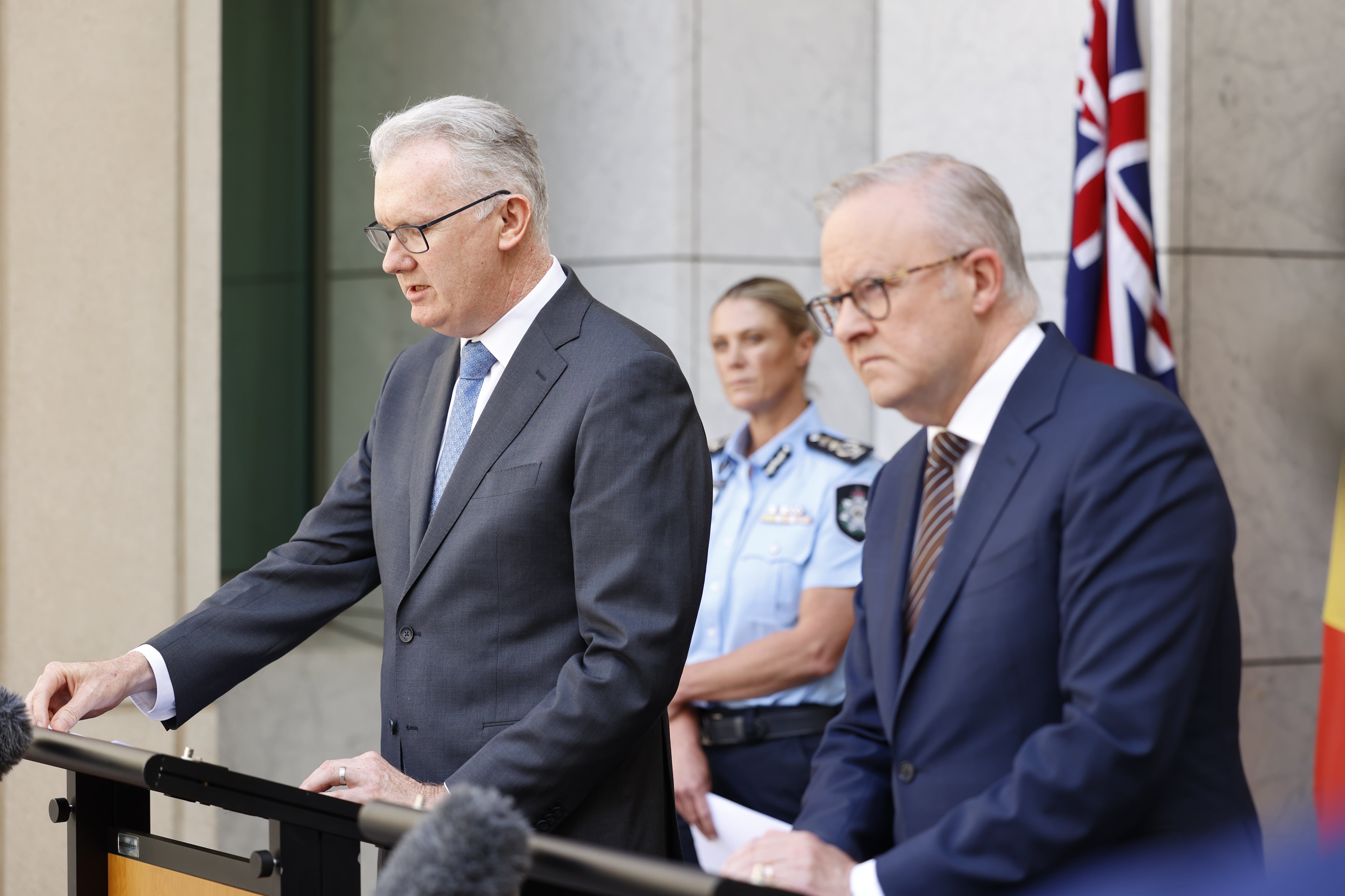 <p>Minister for Home Affairs Tony Burke speaks to the media at Parliament House on 19 December 2025 in Canberra, Australia</p>