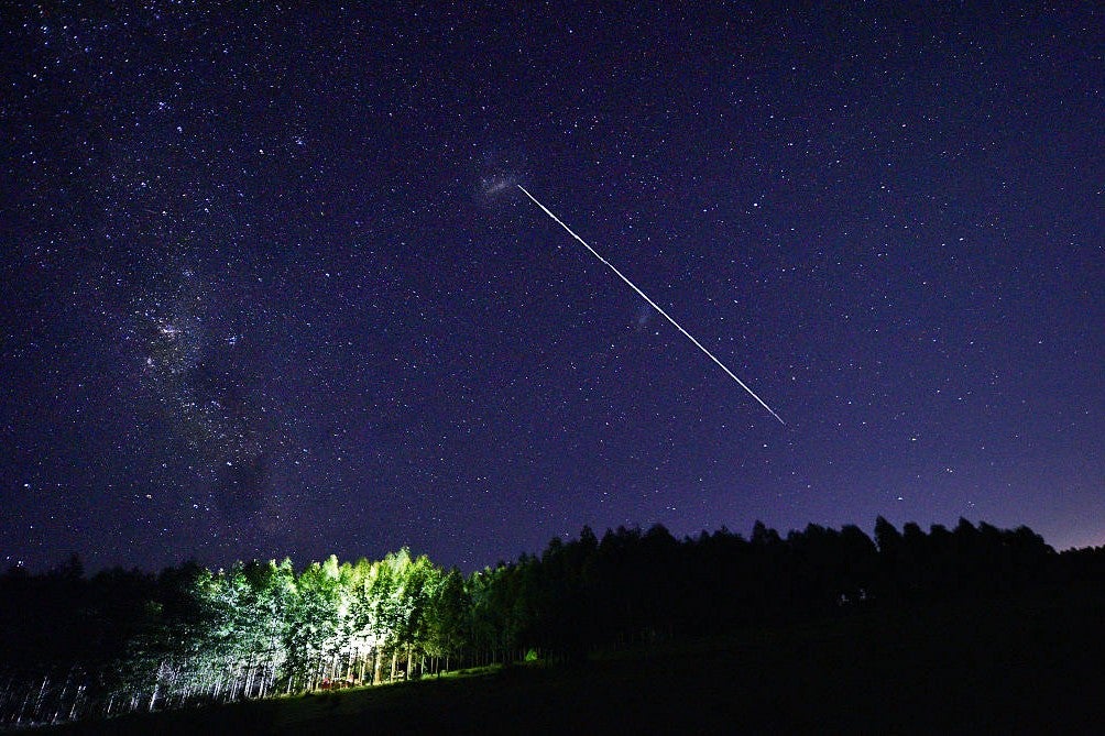 A long-exposure image of SpaceX's Starlink satellites passing over Capilla del Sauce in Uruguay on 6 February, 2021