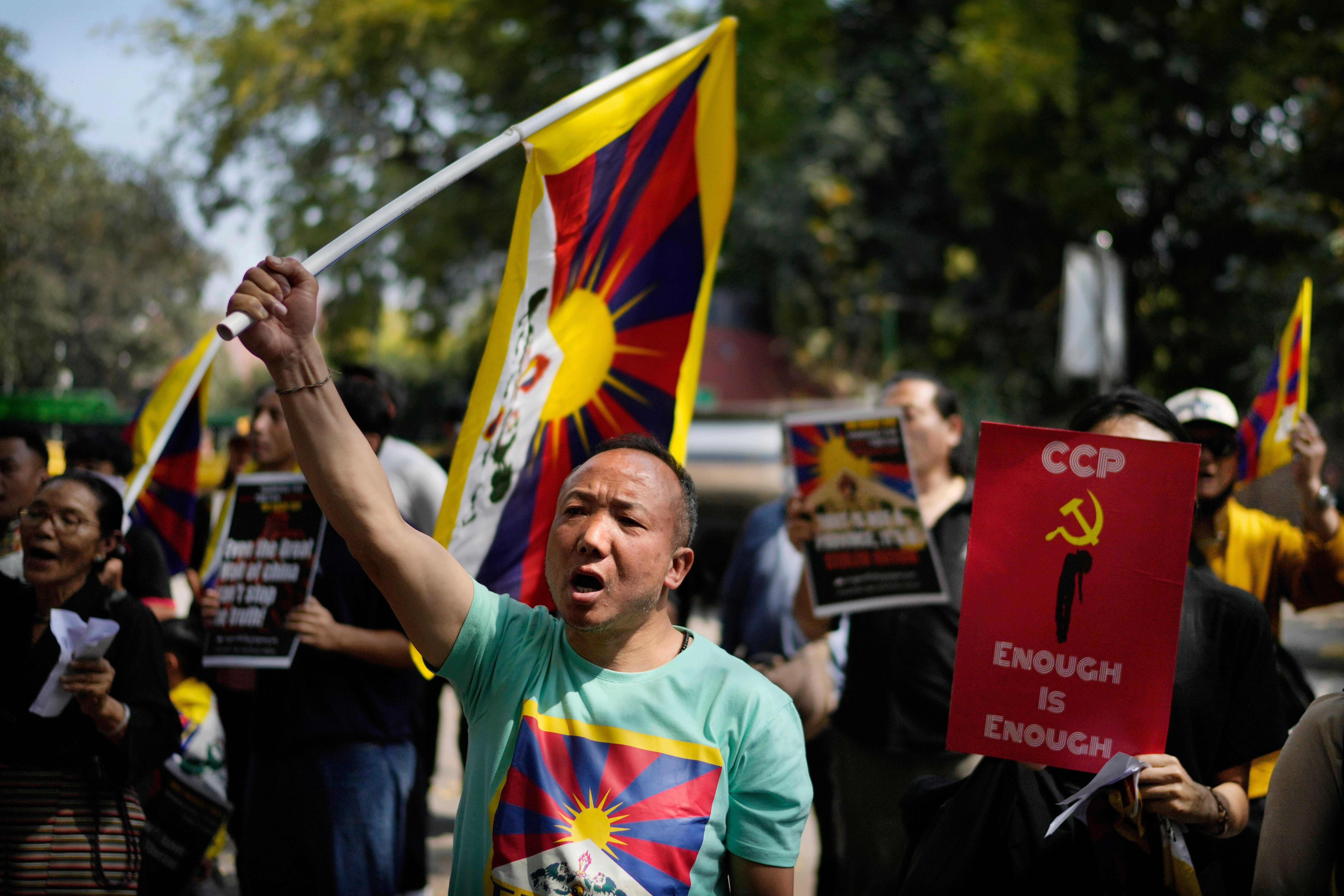 Sonam Tashi, during a demonstration to commemorate the anniversary of the 1959 uprising in Tibet against Chinese rule, in New Delhi, India