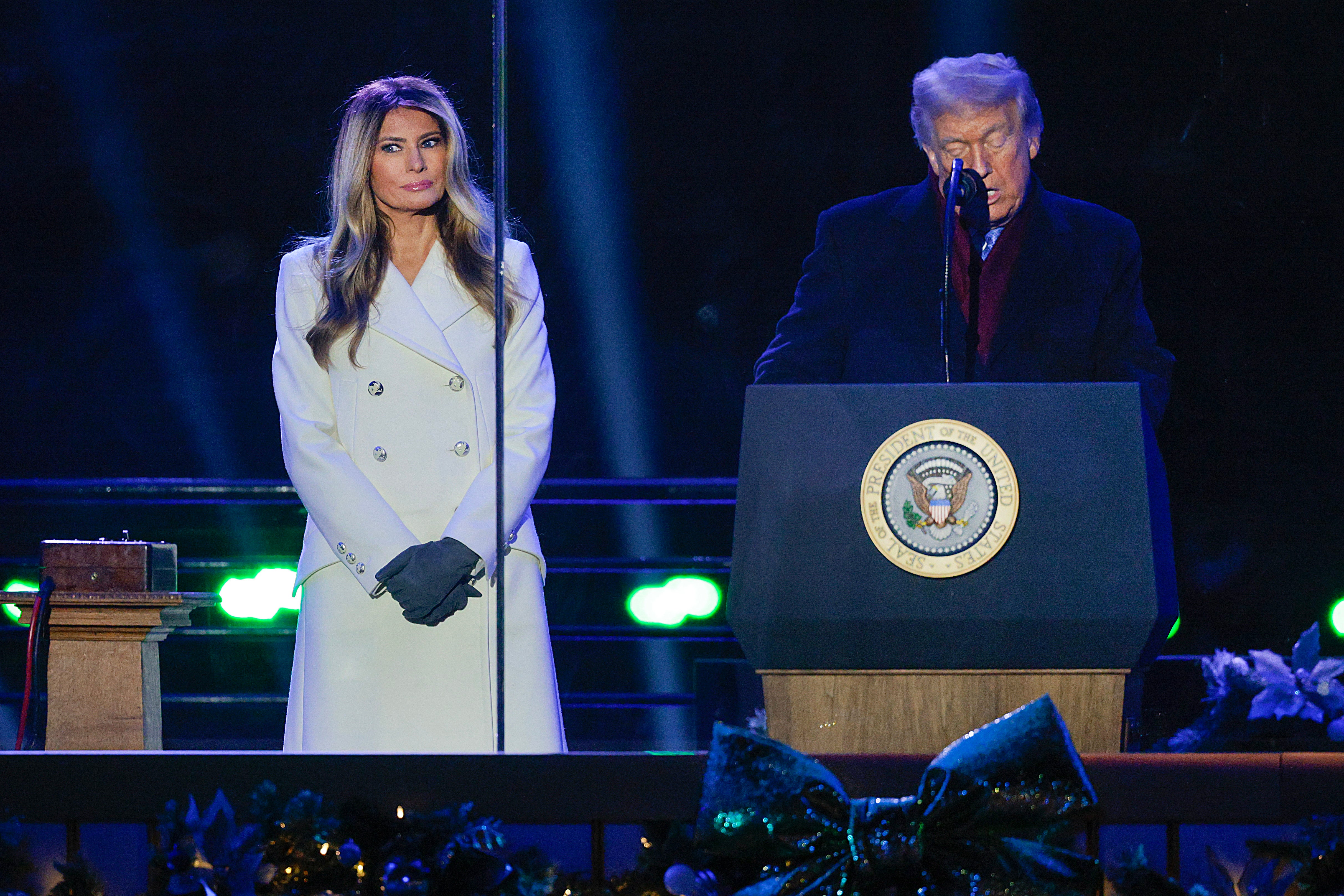 President Donald Trump and First Lady Melania Trump participate in the National Christmas Tree Lighting Ceremony at the White House. In remarks in North Carolina Friday, Trump slammed the 2022 Mar-a-Lago raid, claiming agents even raided his wife’s ’panties’ drawer