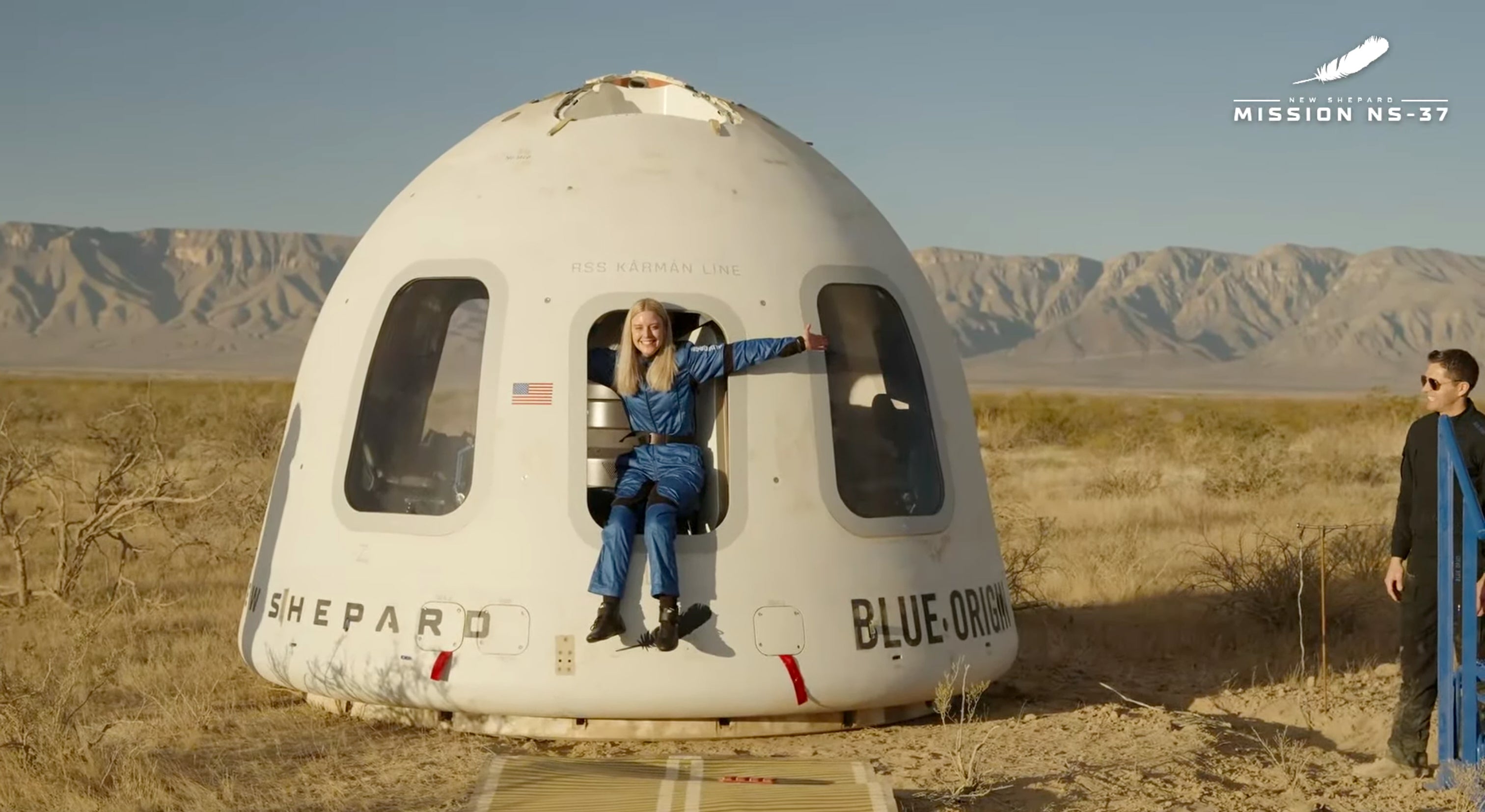<p>Michaela Benthaus poses after the Blue Origin's capsule landed on Saturday, Dec. 20, 2025 in West Texas</p>