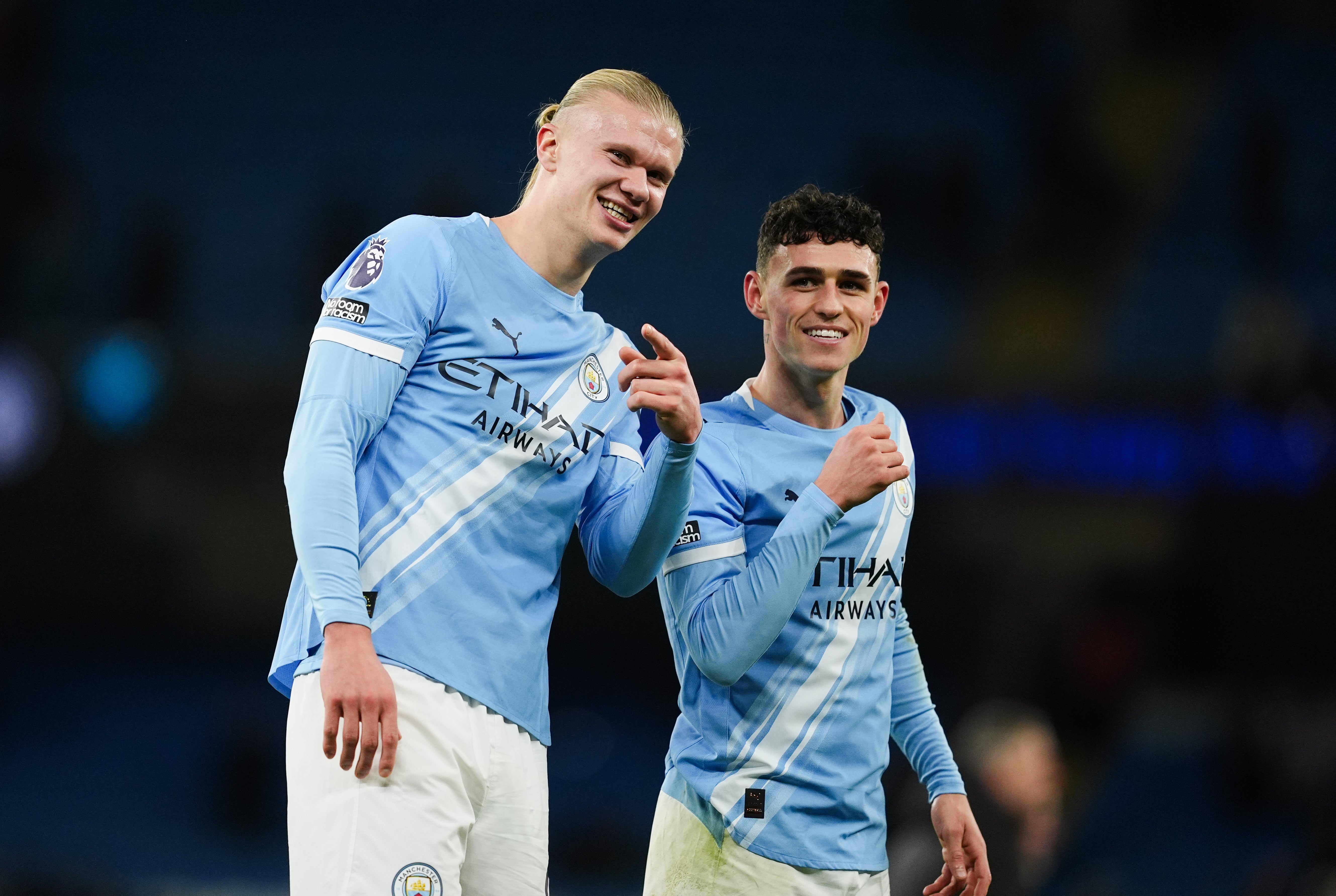 Manchester City’s Erling Haaland and Phil Foden at the end of the game (Martin Rickett/PA)