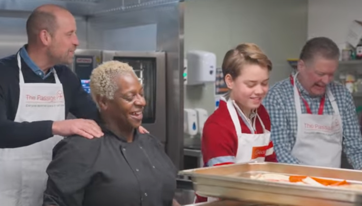 Prince George helped make Yorkshire puddings with Claudette Dawkins, the head chef, and Mick Clarke, the chief executive