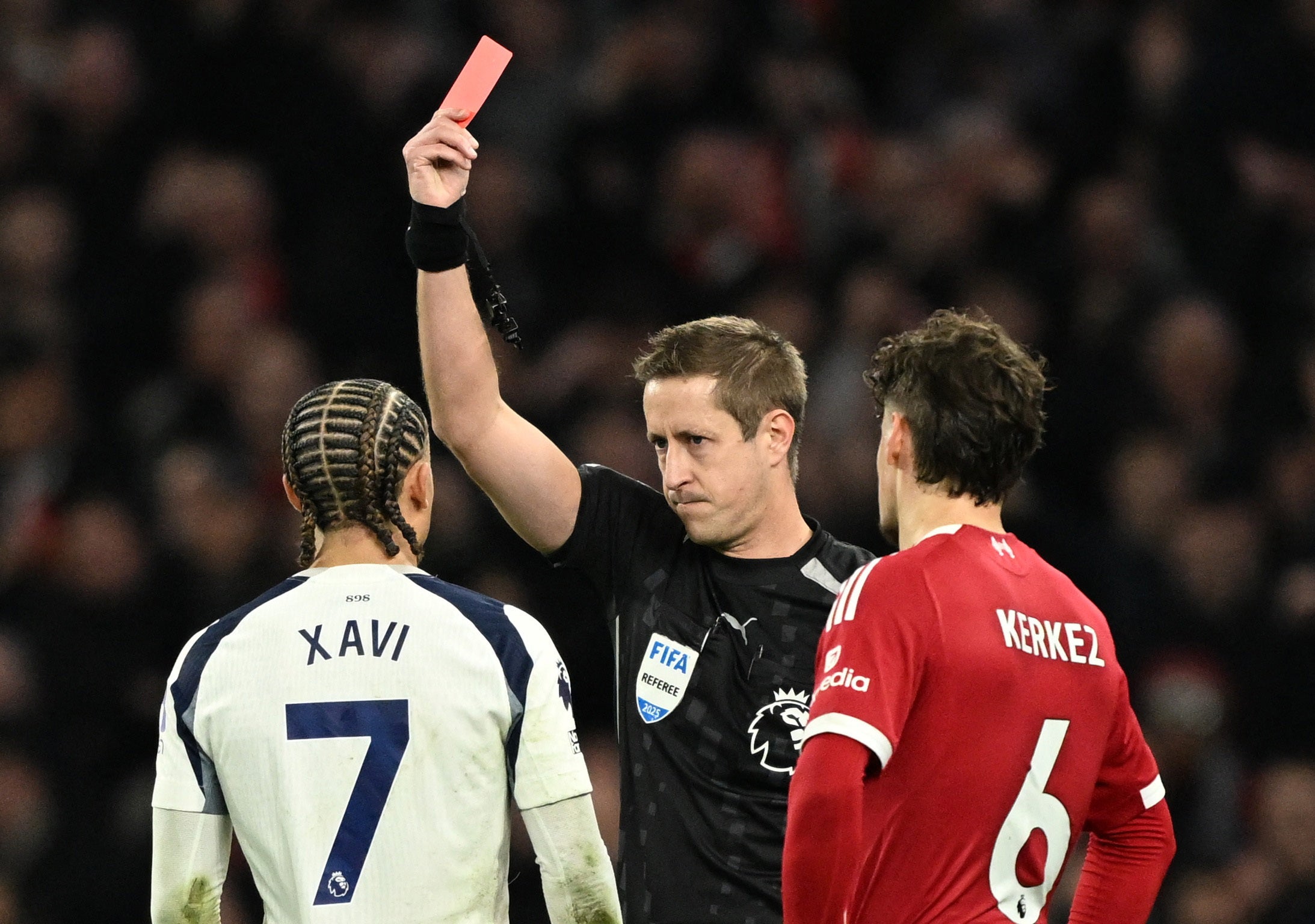 Simons was sent off for catching Van Dijk after a VAR review
