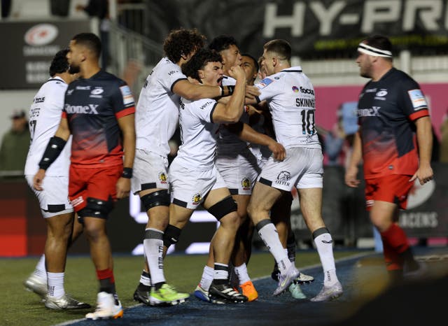 <p>Henry Slade’s try ignited wild celebrations</p>