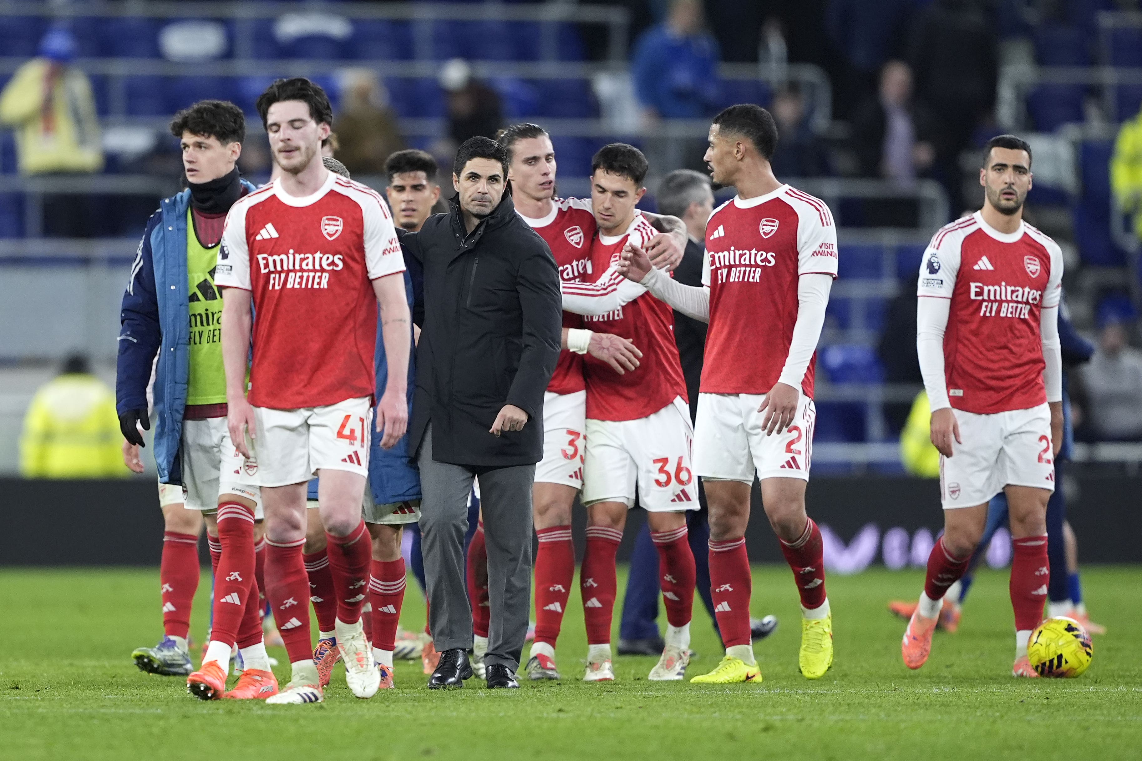 Mikel Arteta, centre, has confidence in Arsenal’s Premier League title bid (Peter Byrne/PA)