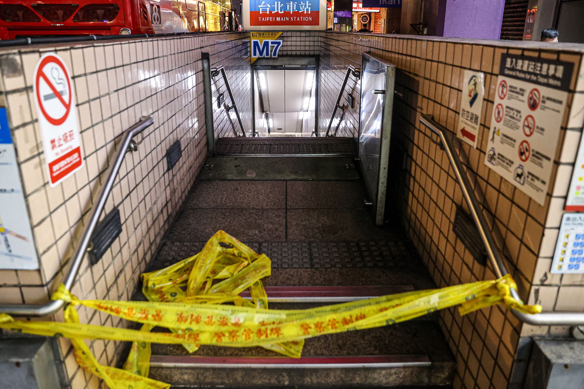 This picture, taken and released by Taiwan’s Central News Agency (CNA) on 19 December 2025 shows one of the entrances to Taipei Main Station being cordoned off