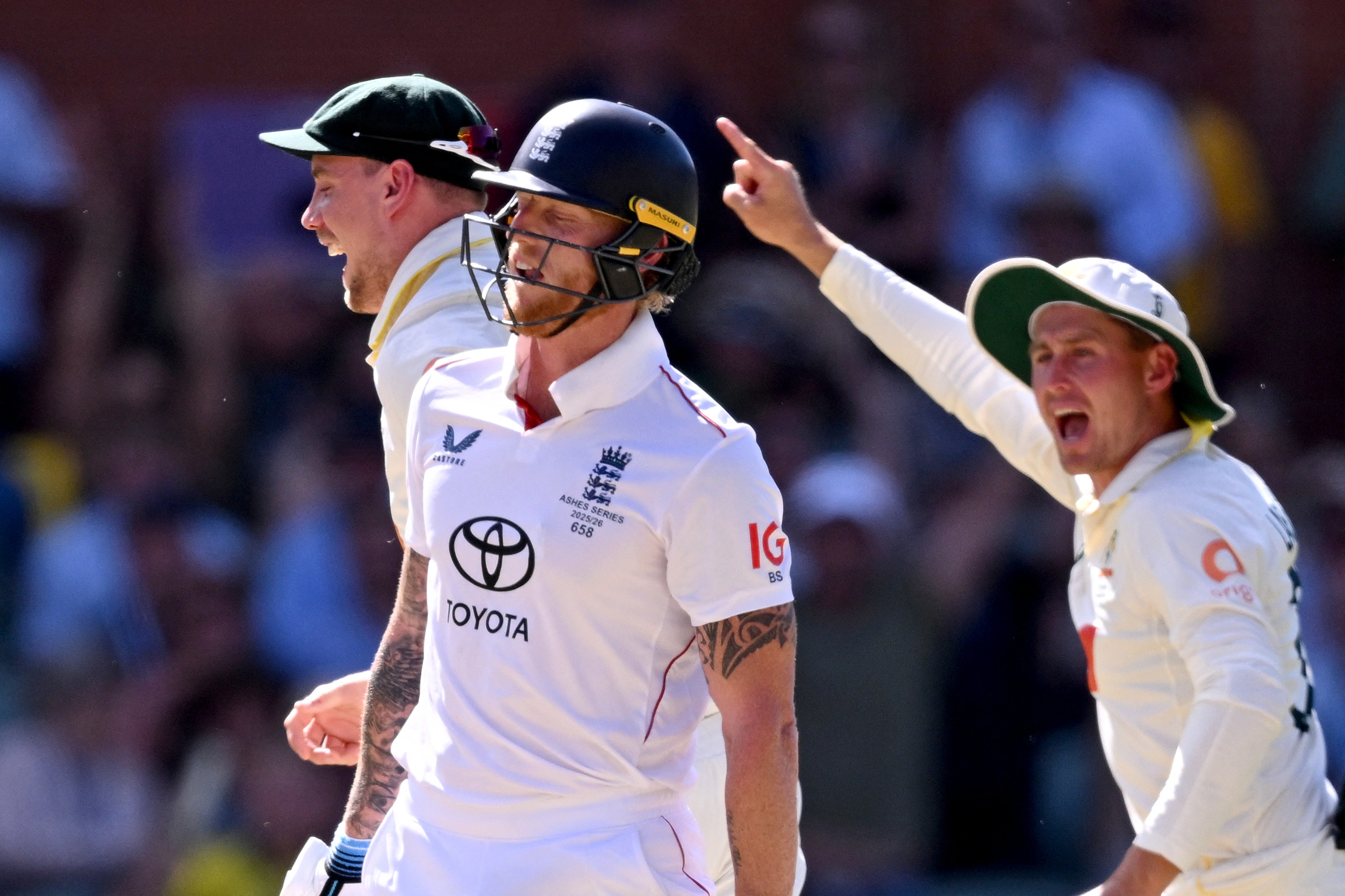 Ben Stokes reacts after being bowled as Australian players Cameron Green and Marnus Labuschagne celebrate