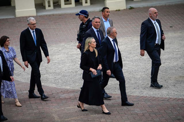 <p>Australia’s prime minister Anthony Albanese (2nd R), his wife Jodie Haydon (bottom C) and deputy prime minister Richard Marles arrive for a memorial for the victims of the mass shooting that took place last week at Bondi Beach</p>