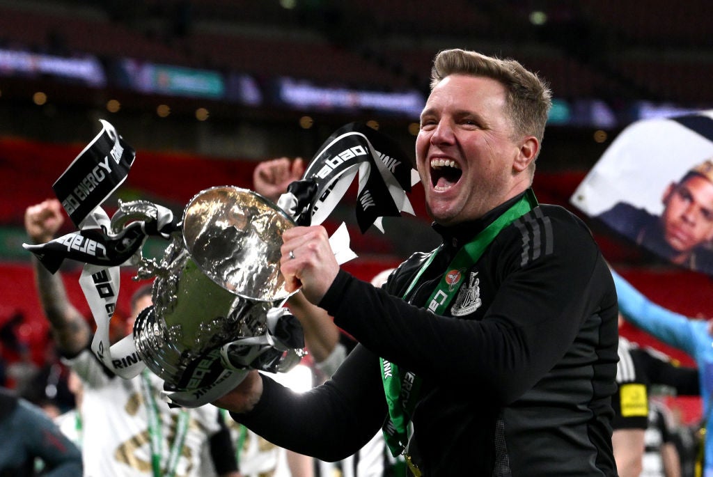 Newcastle manager Eddie Howe celebrates their Carabao Cup triumph