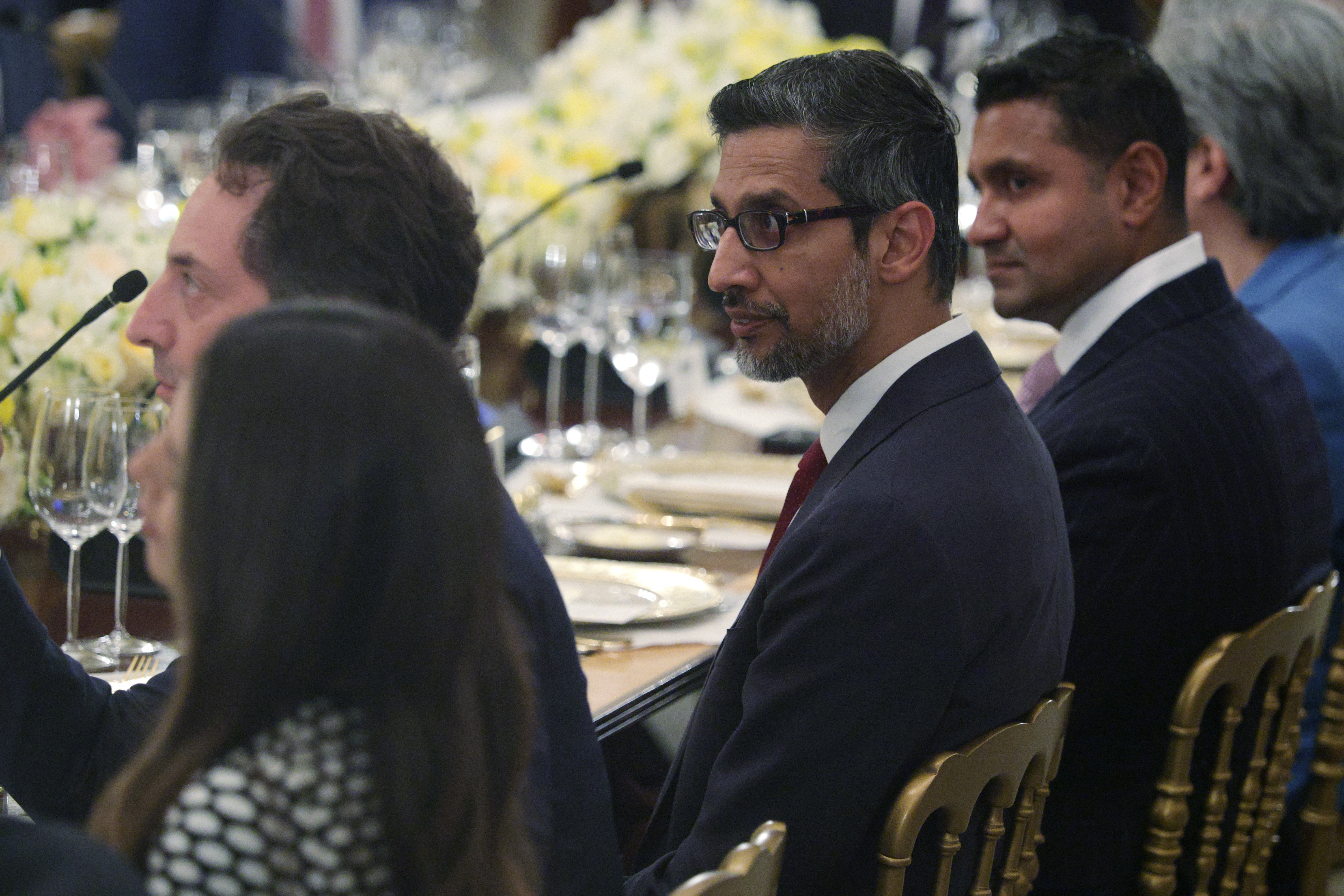 Google CEO Sundar Pichai attends a dinner in the State Dining Room of the White House in September