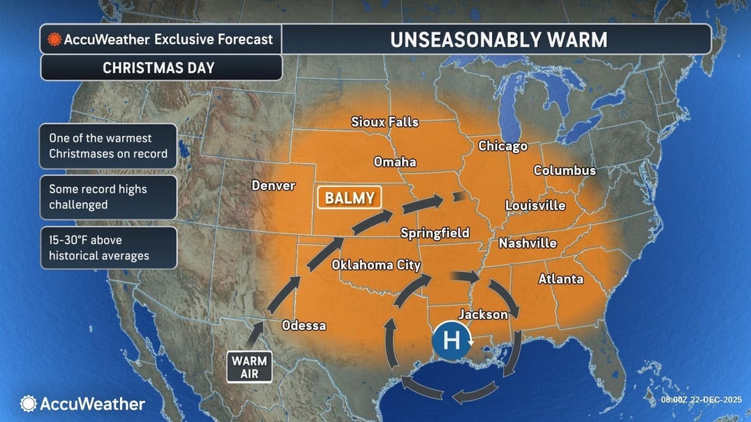A map shows unseasonably warm weather across the U.S. this Christmas