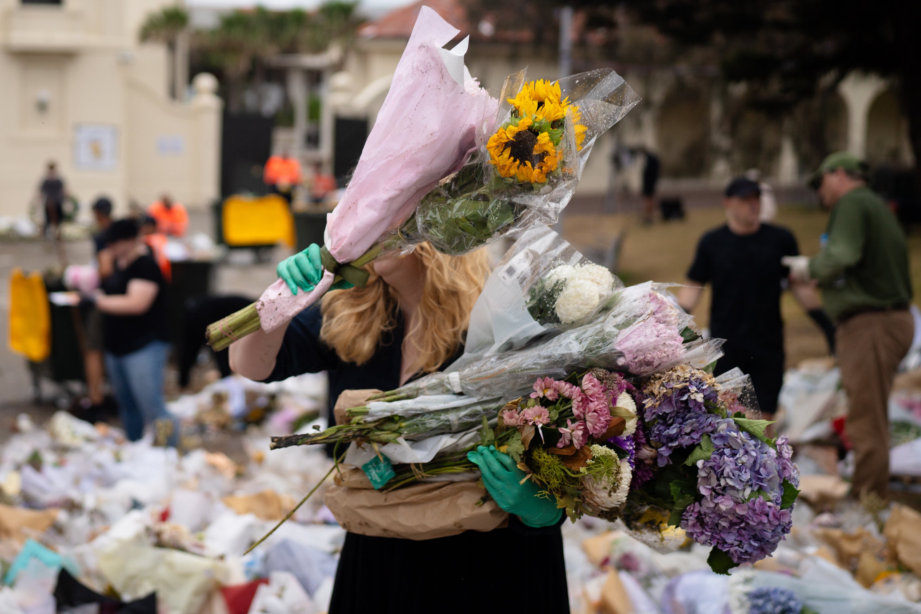 Rebecca Kummerfeld helps clear flowers and notes, honoring the victims and survivors of the Bondi Beach mass shooting, at Bondi Pavilion on 22 December 2025 in Sydney, Australia